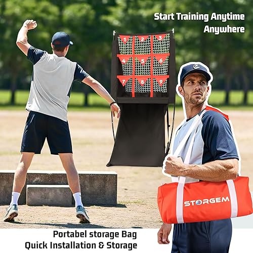 Miniatura 7 de Storgem Red de lanzamiento de 9 agujeros con zona de ataque, red de lanzamiento de béisbol y softbol con retorno automático de bola, equipo de