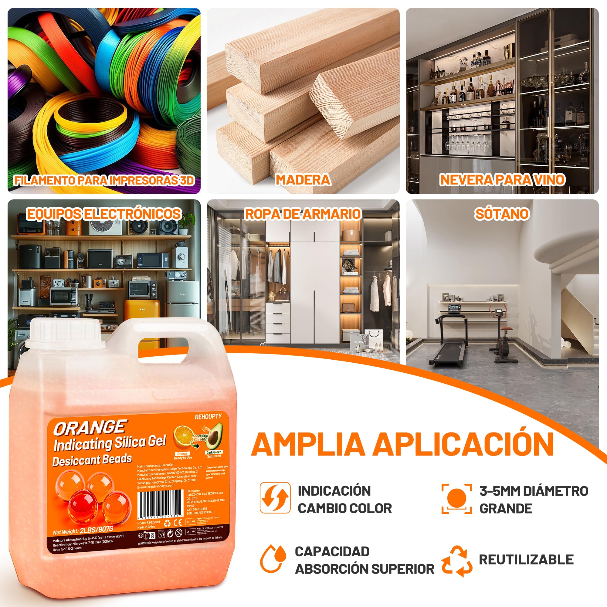Naranja Gel de Sílice 907g, Gel Silice Antihumedad Reutilizable, 3-5mm Perlas Desecantes Sílice Gel para Filamento 3D, Dispositivos Electrónicos, Cámara, Joyería (Contiene 10 Bolsas Organza)