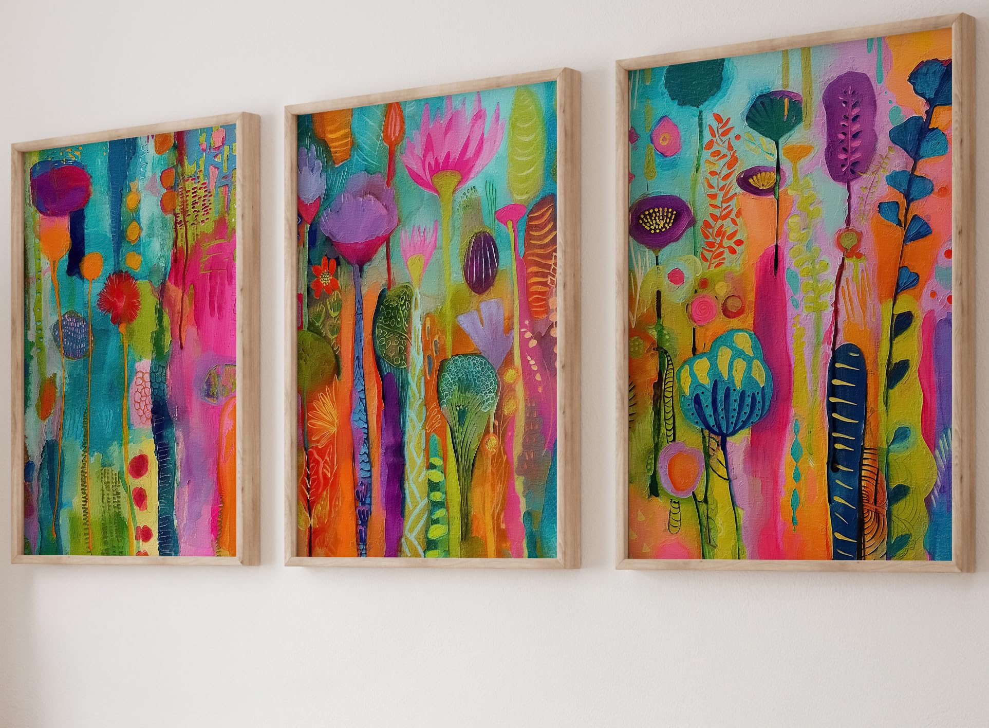 Vibrant Flower Garden Set of 3 Unframed Poster Prints, Botanical Abstract Style Home Decor, Bright Colour Wildflowers, Botanical Flowers, Digital Art, Pink Purple Blue Green (A4) โ image 1