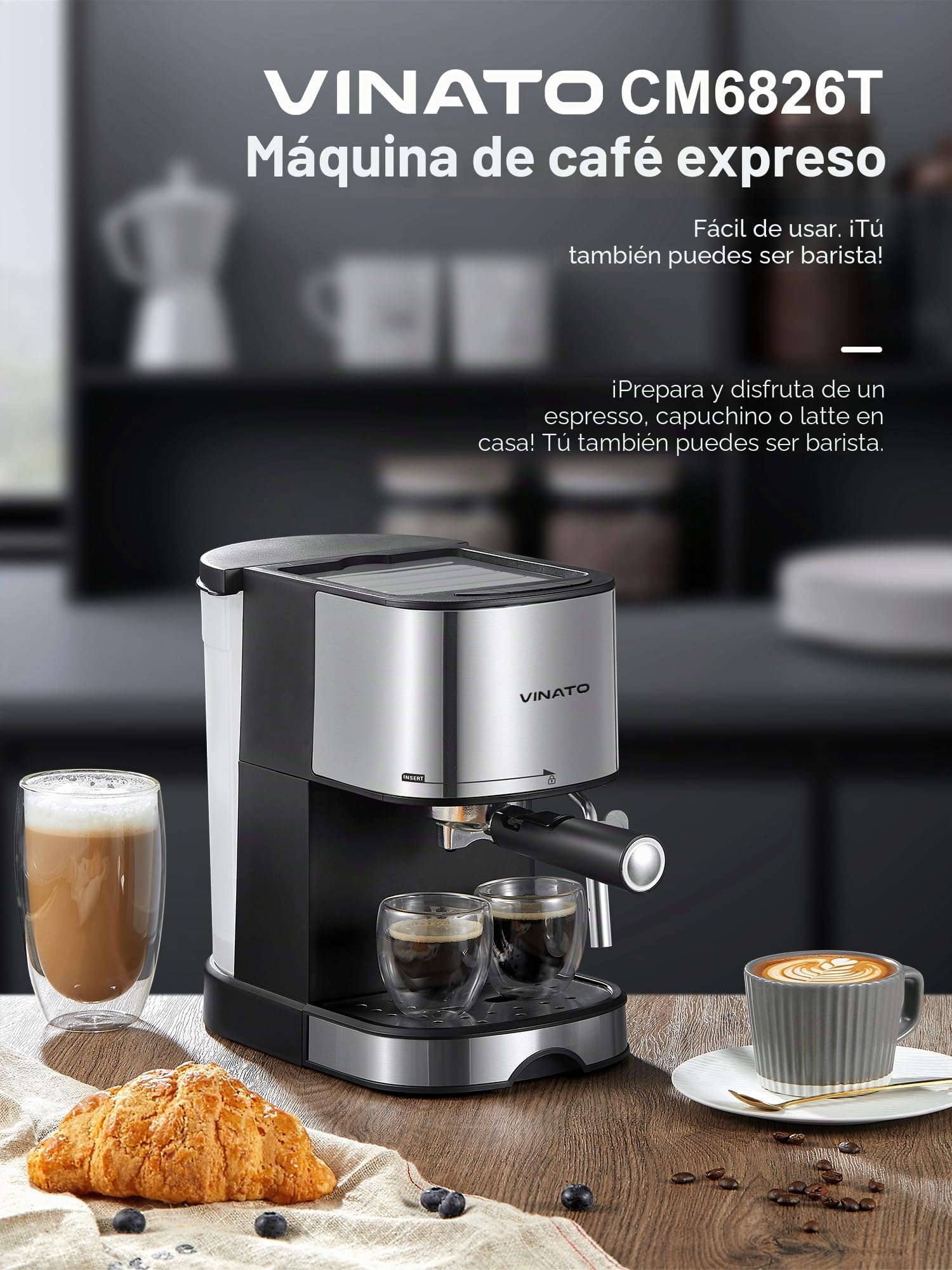 VINATO Cafetera Espresso 15 Bar, Cafetera Espresso con Espumador de Leche Profesional, Pequeña Cafetera Espresso para Cappuccino, Latte & Macchiato