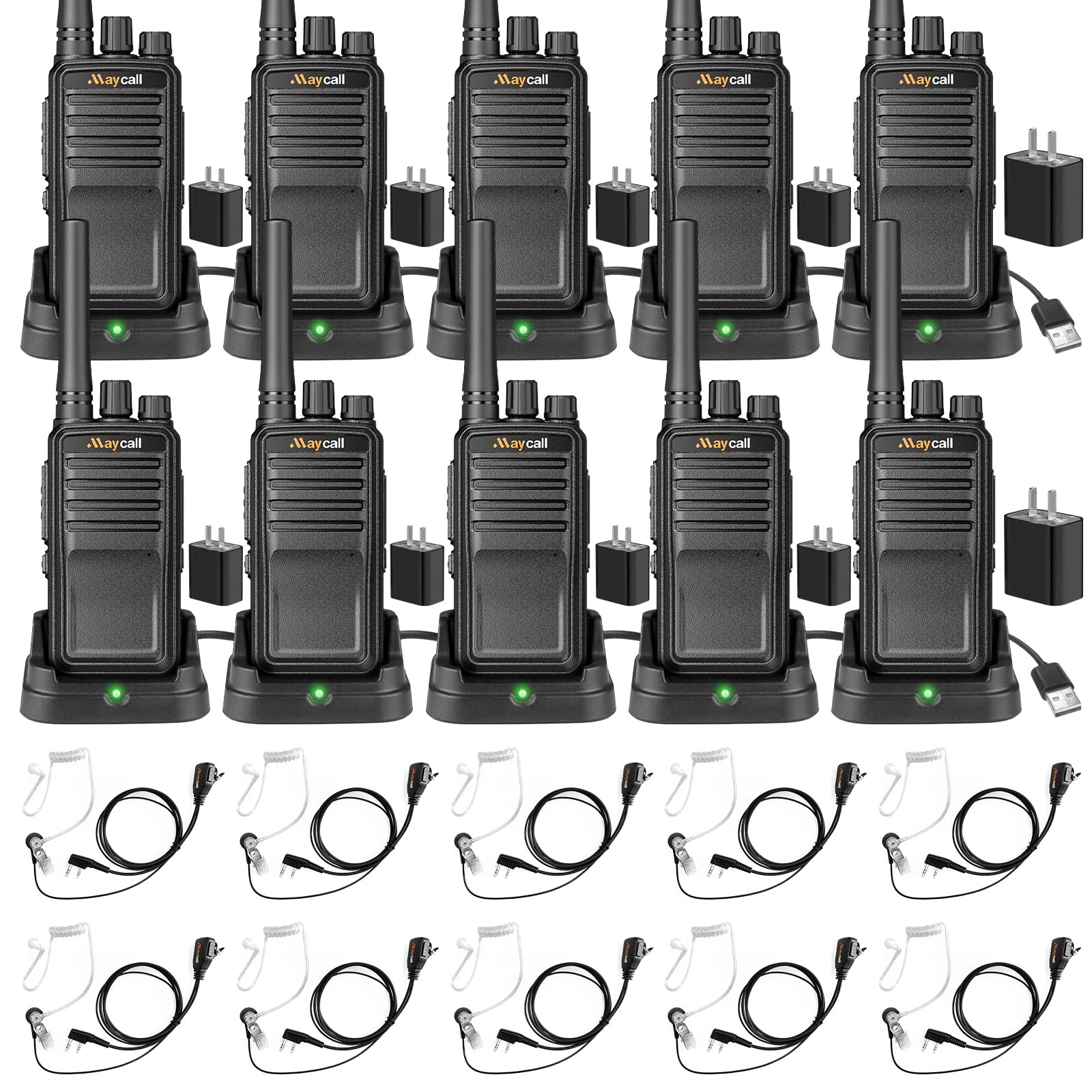 Maycall MC-528 10 Pack Walkie Talkies for Adult with Earpiece Two-Way Radios Rechargeable 1200mAh with Base Charger One Click Frequency Matching