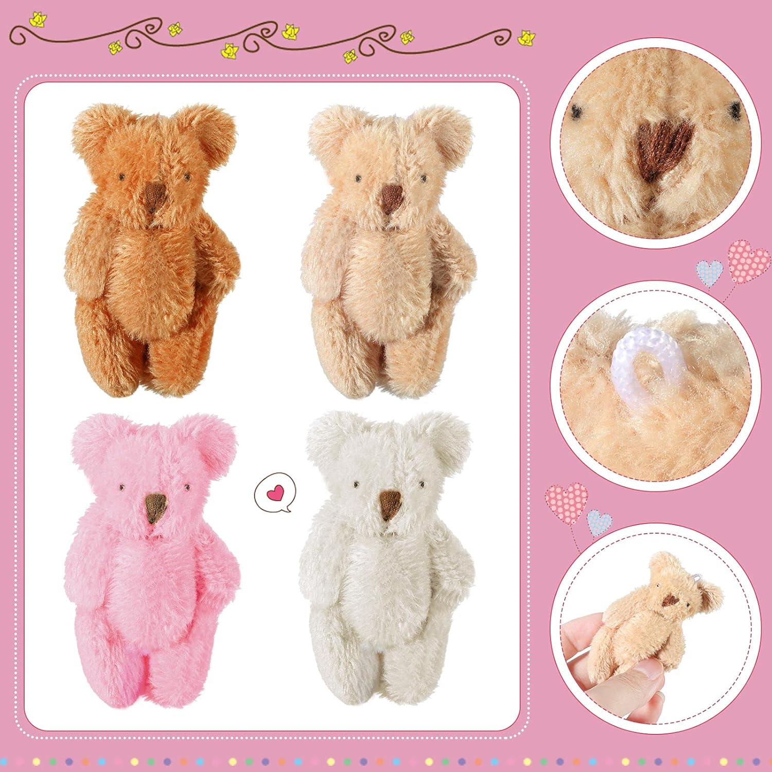 Skylety 32 Pieces Mini Bear Plush Toy Tiny Bear 2.36 Inches Mini Joint Tiny Soft Doll Stuffed Animal Toys for Birthday Cake Wedding Decoration Party Favor, 4 Colors