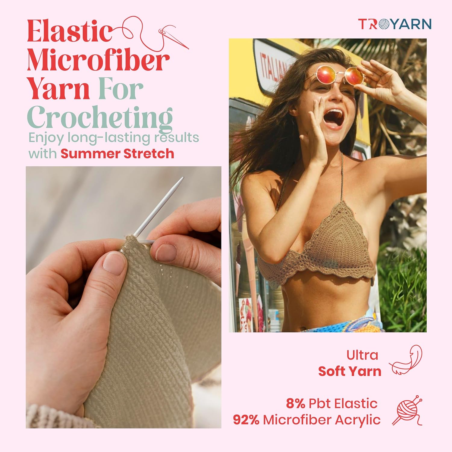 Troyarn Summer Stretch Acrylic Yarn for Crocheting - 4 Skeins of Beige Yarn Made from 100% Elastic Microfiber Acrylic for Knitting, 100gr 438 yds (114368 - Light Beige)
