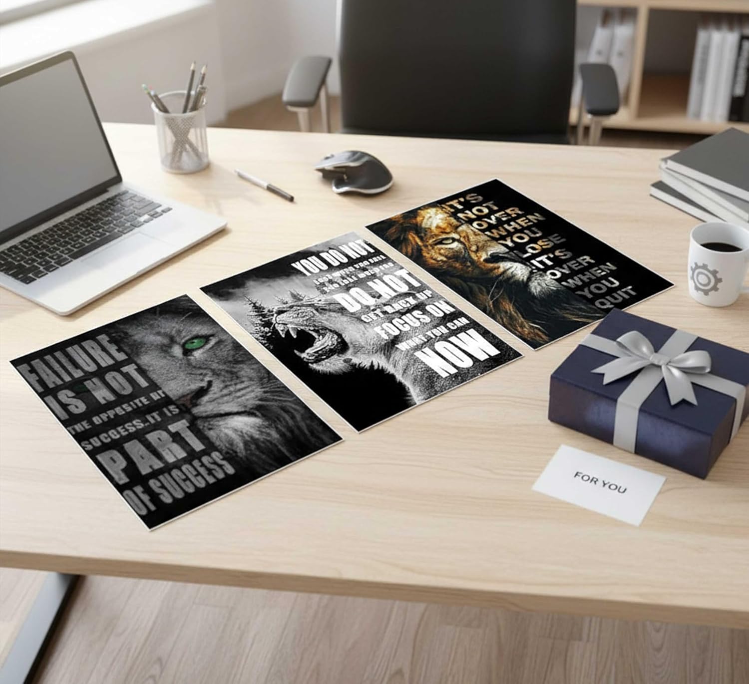 3 Pcs Office Inspirational Canvas Wall Art Modern Motivational Quotes Black And White Lion Pictures Wall Decor Inspiring Poster Print Artwork for Living room Man Room Bedroom Home Decoration Unframed