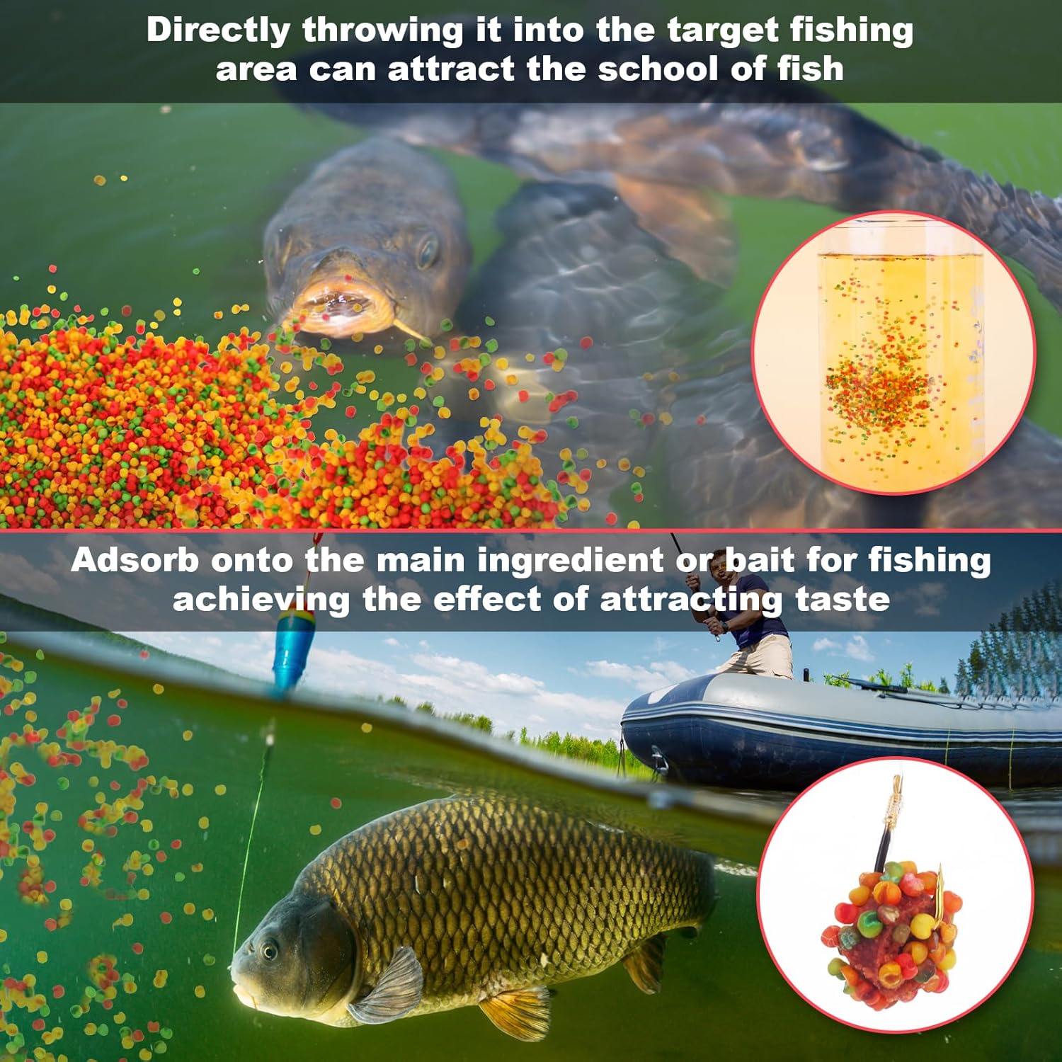 Top image shows bait dispersing in water, bottom image shows bait on a hook underwater with a fish.