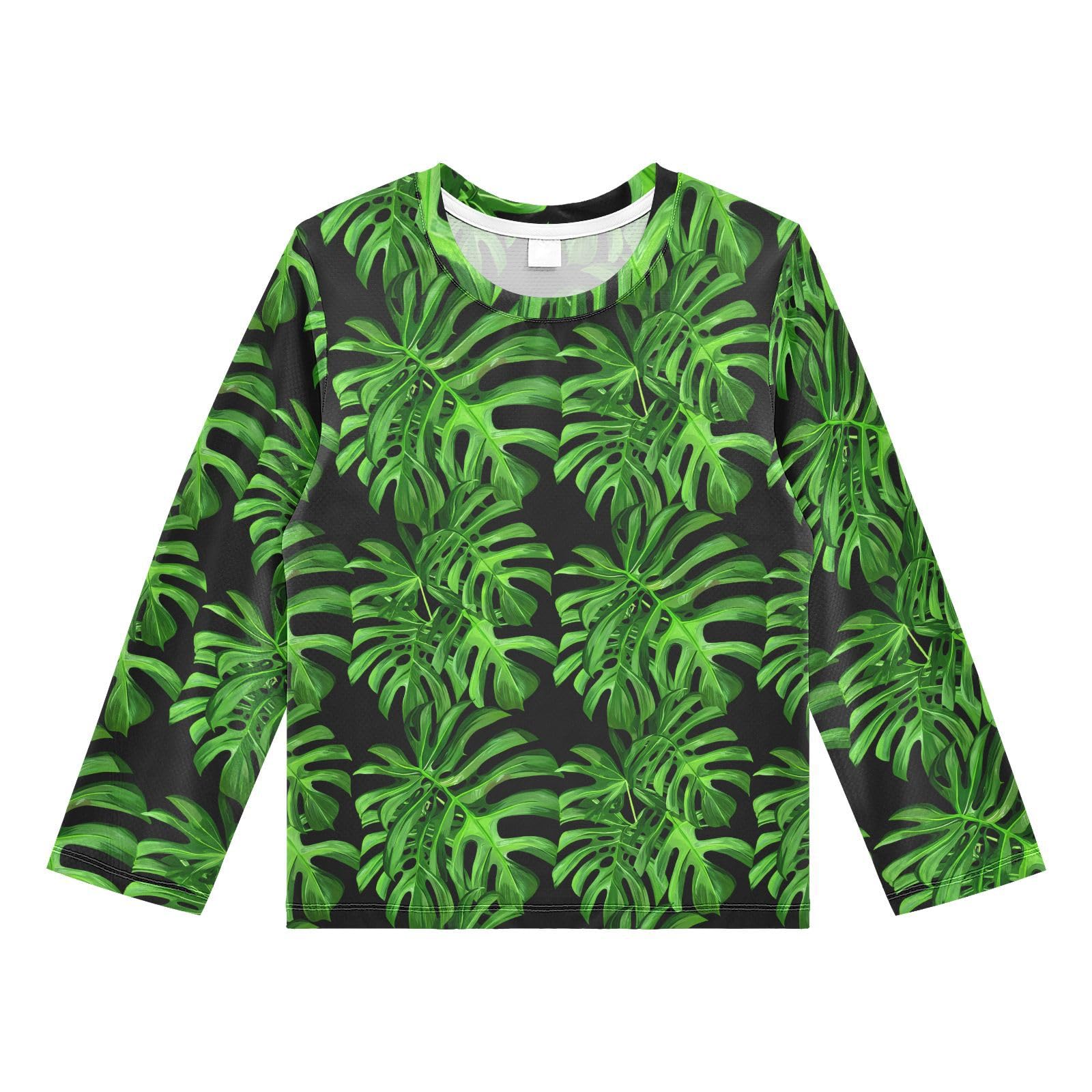 DOMIKING Monstera Leaves Black Boys Long Sleeve Rashguard Shirt Kids Quick Dry Swim Shirt for Kids Toddler 9-10T