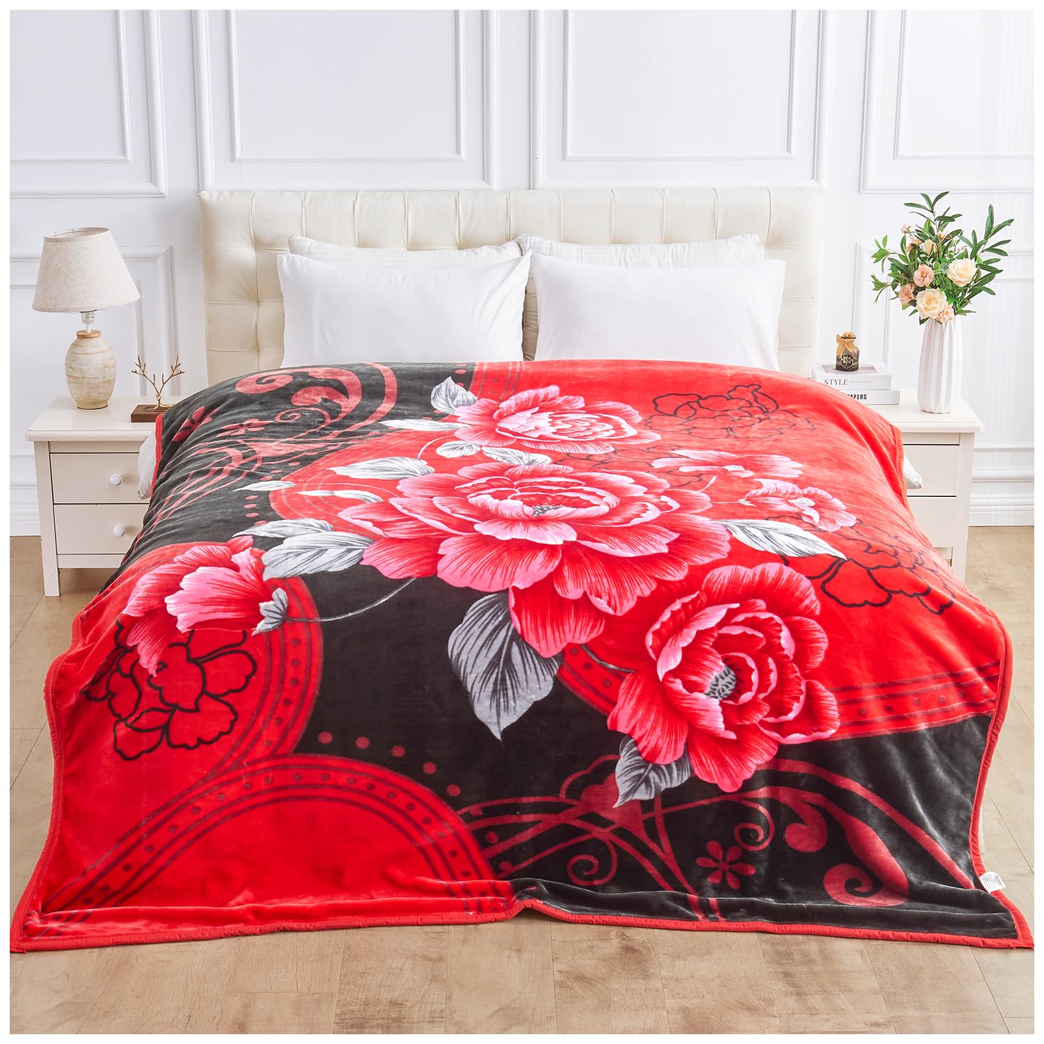 GC GAVENO CAVAILIA Manta Floral Pesada de 2 Capas – Manta Reversible con Peso de Rosa roja de 7 kg – Manta de Cama Grande tamaño King para Dormir Profundo (200 x 240 cm) – Manta Extra Suave y cálida
