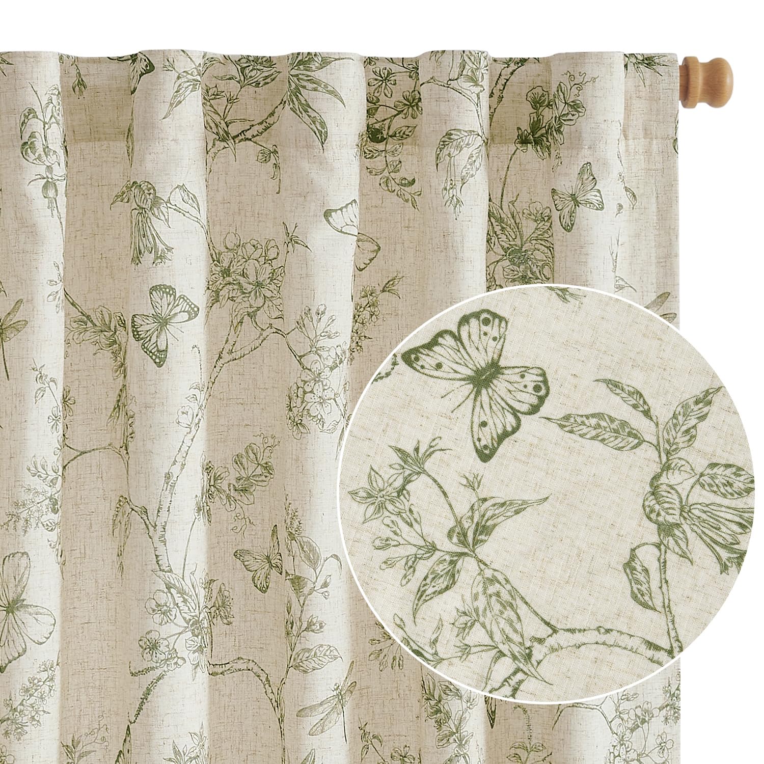 Lazzzy Charlotte Farmhouse Lined Linen Green Floral Curtains 96 Inch Long Back Tab Drapes for Living Room Bedroom Light Filtering Country Vintage Rod