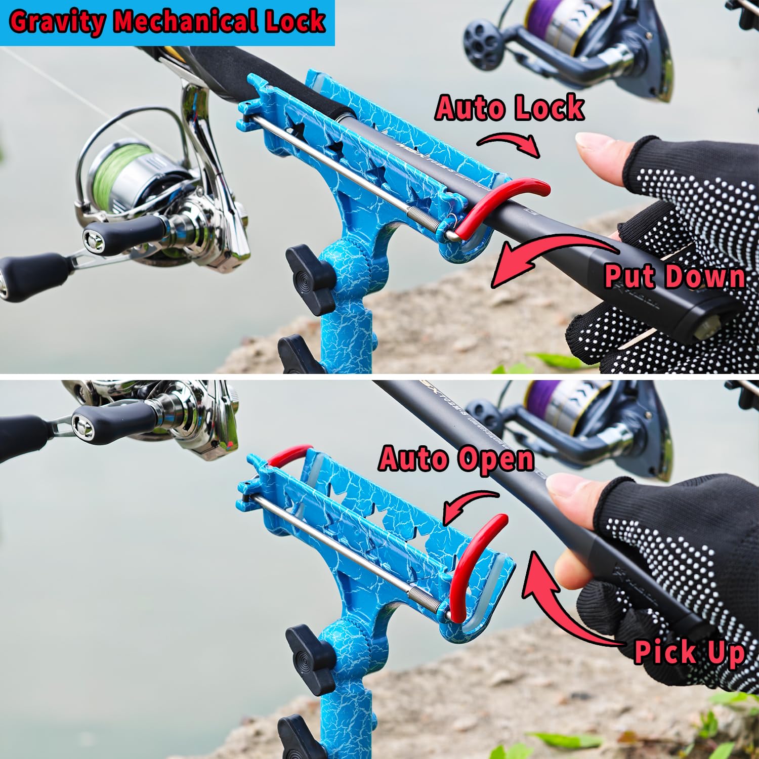 Fishing Rod Holder for Ground, Rod Holders for Bank Fishing, Fishing Rod Holders for Beach, Fishing Gift Accessories for Men, Fishing Rod Rack With Gravity Mechanical Lock 2 Pack
