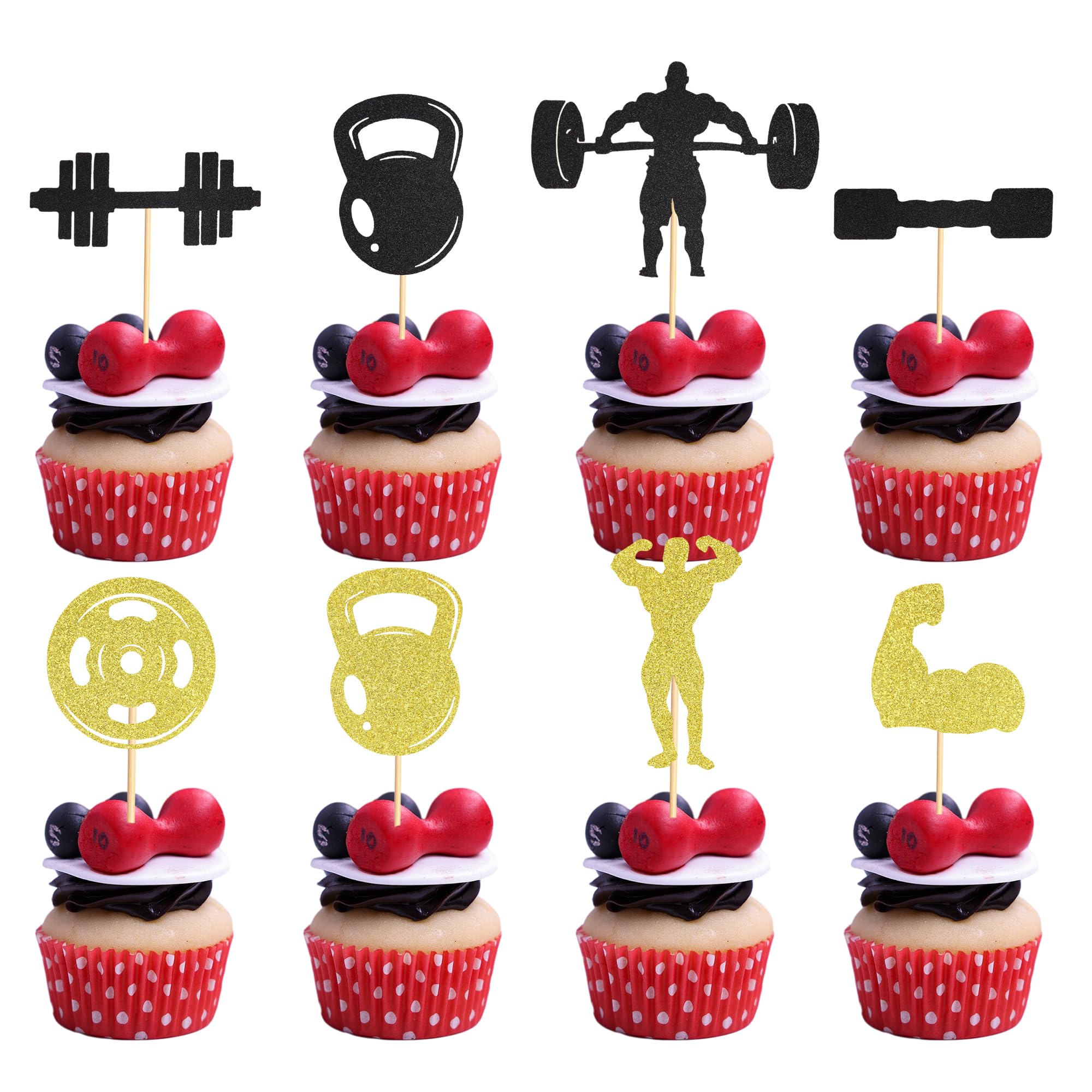 Arthsdite 24Pcs Gym Workout Cupcake Toppers Glitter Biceps Dumbbells Kettlebells Abodominal Stay Strong Bodybuilding Cupcake Picks Fitness Themed Birthday Party Cake Decorations Supplies