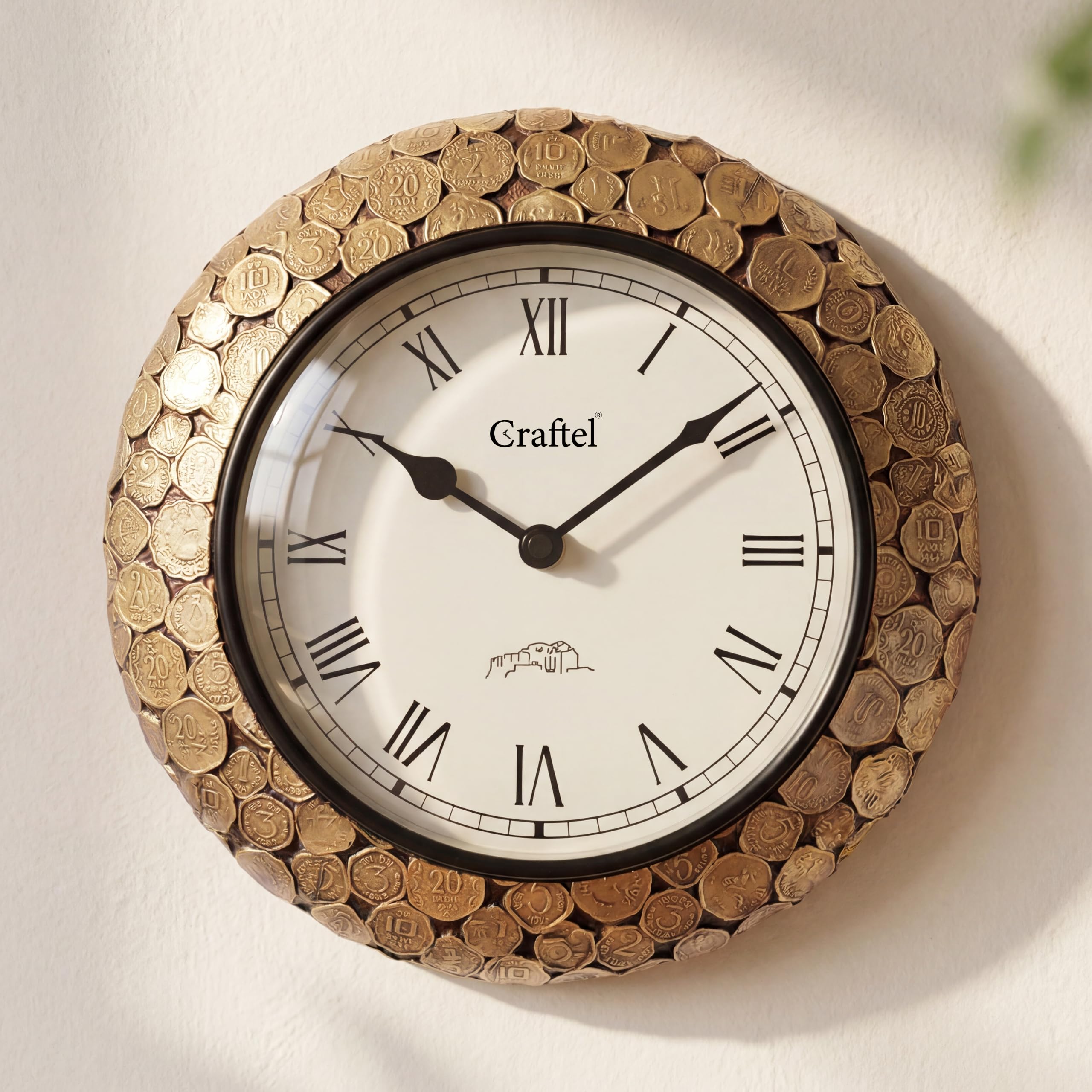 CRAFTEL Brass Roman Analog Coin Desgin Wall Clock Handcrafted Clock Decorative Vintage Wall Clock for Bedroom Living Room Home (Gold, 12 Inches)-image-45