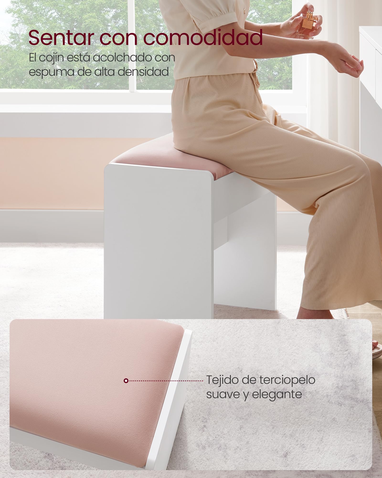 VASAGLE Taburete de Tocador Tapizado de Terciopelo Reposapiés Antideslizante Blanco Mate y Rosa Jalea RDS001W01