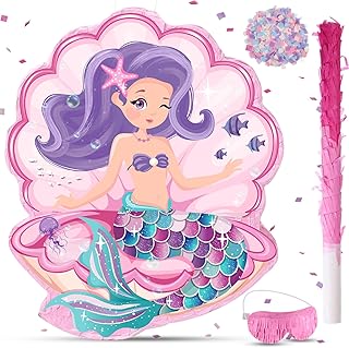 Seashell Pinata Mermaid Pinatas for Birthday Party Girl, Sea Theme Pinata with Pinata Stick, Blindfold and Confetti for Mermaid Birthday Decorations Supplies (Mermaid)