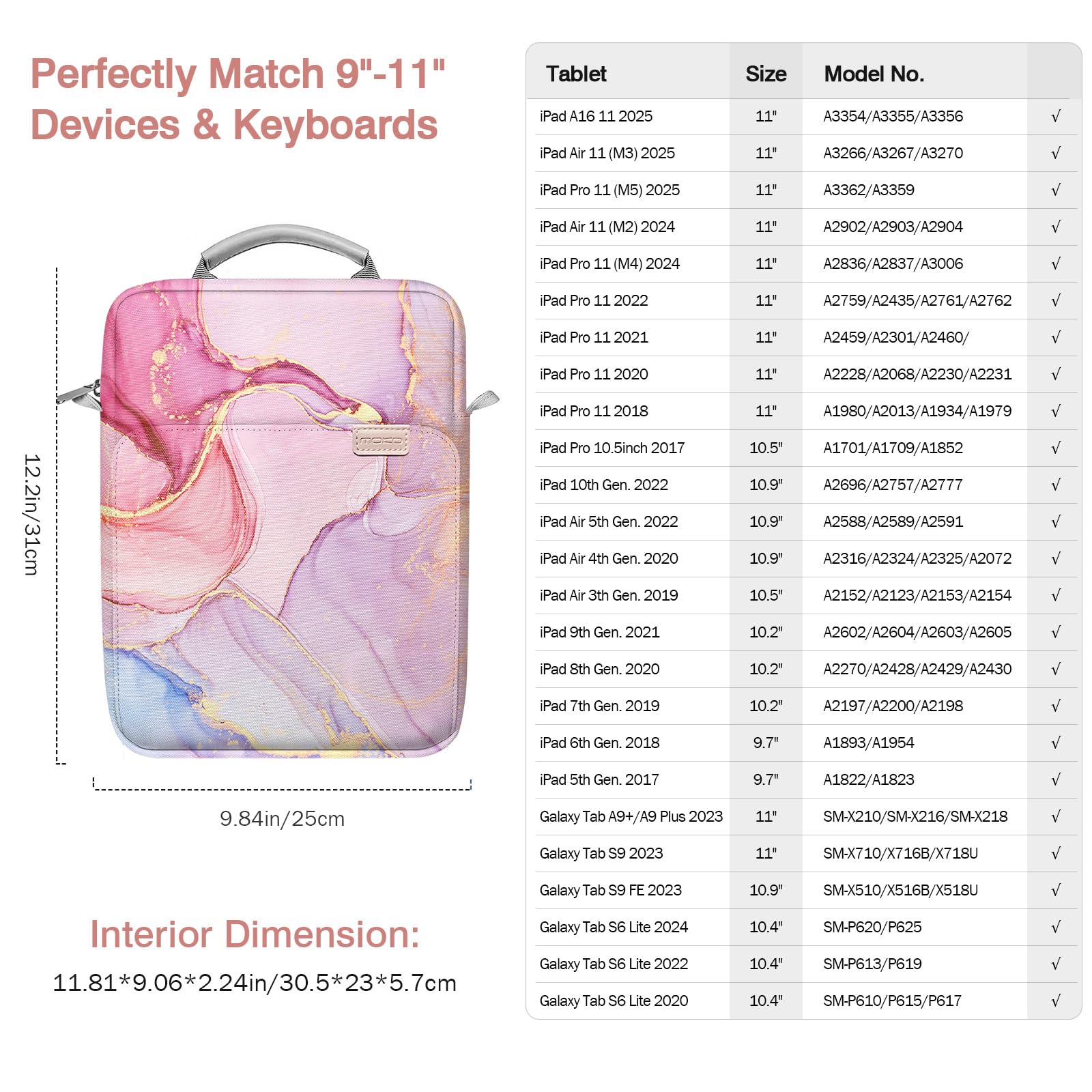 MoKo 9-11 pollici Tablet Sleeve Borsa Maniglia Custodia da trasporto con tracolla Adatto a 11 pollici iPad Air M3, iPad A16 2025, Pro 11", i-Pad 10/9/8/7th Gen, Tab S8/S9 11", Rosa nuvoloso