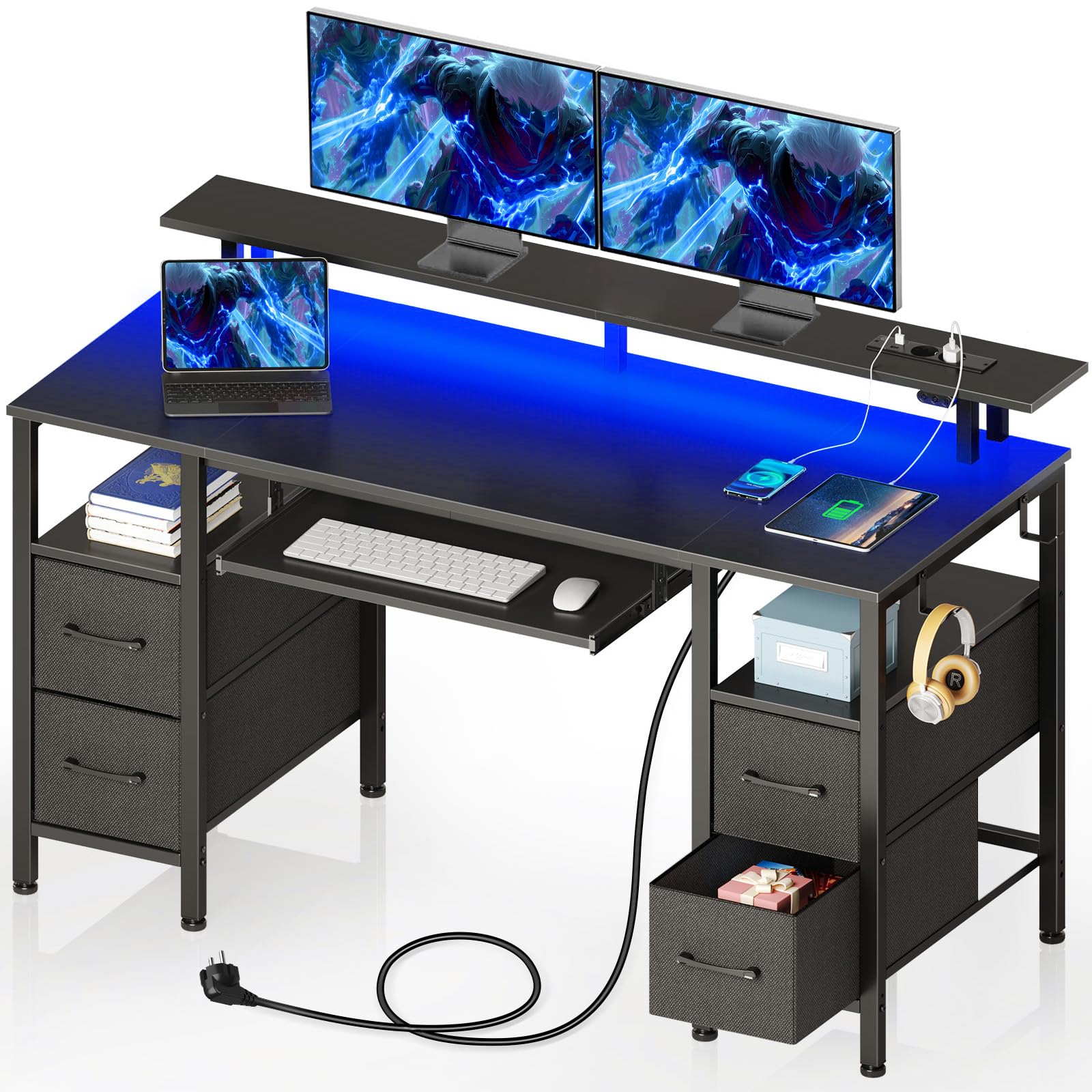 Rolanstar Bureau avec Tiroirs, Bureau Gamer 120 x 47 cm avec Prise Intégrée, LED et Support Écran, Bureau d'Ordinateur avec Plateau Clavier- pour Jeu Travail Étude, Noir