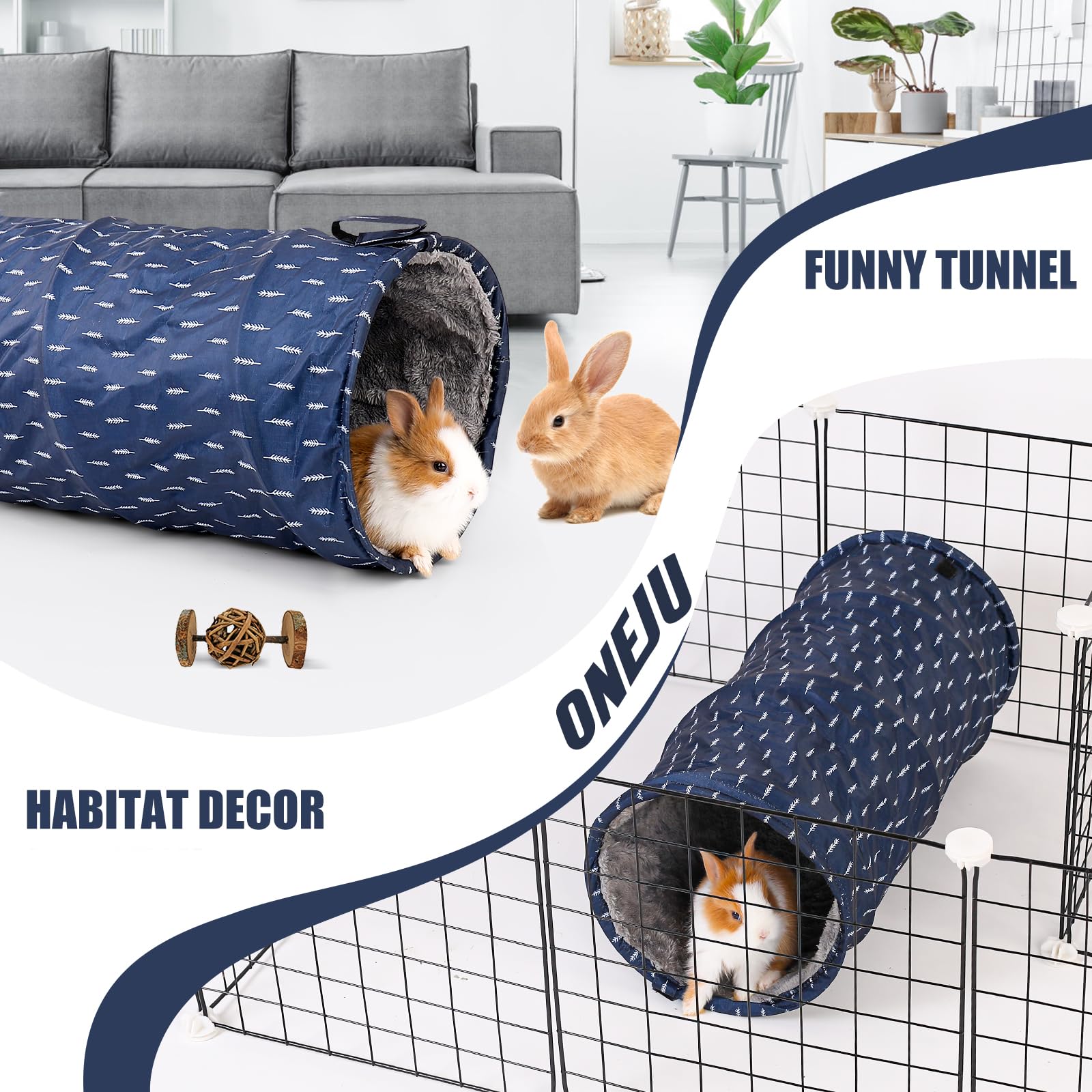ONEJU Rabbit Tunnel - Guinea Pig Tunnel, Guinea Pig Tube, 2-Way Small Pet Play Tube, Folds Flat for Storage, Tunnel for Guinea Pig and Bunny, Dark Blue, Leaf Pattern - Image 2