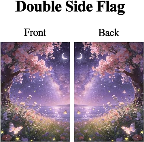 Miniatura 27 de Paisaje de fantasía con piedras, lámparas, flores, árboles, luna y mariposas, bandera de jardín de 12 x 18 pulgadas, pequeña vertical de doble cara