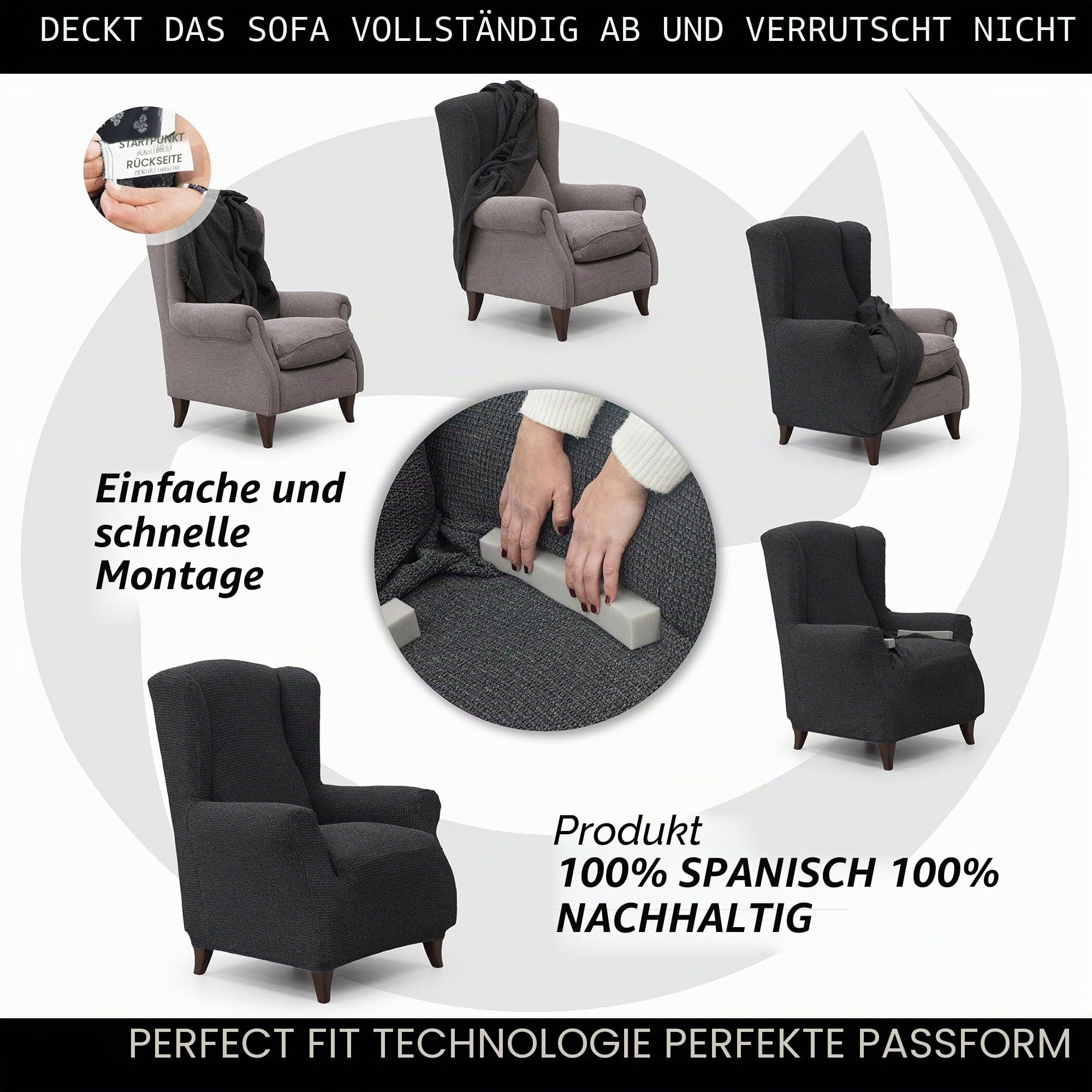 FAVERTI® Super elastischer Sesselbezug für Ohrensessel, 1-Sitzer, 70 bis 100 cm, Modell Novelle, hellgrau, Qualitätsschutz aus Jacquard-Stoff, Baumwoll-Touch, Ohrensesselschutz