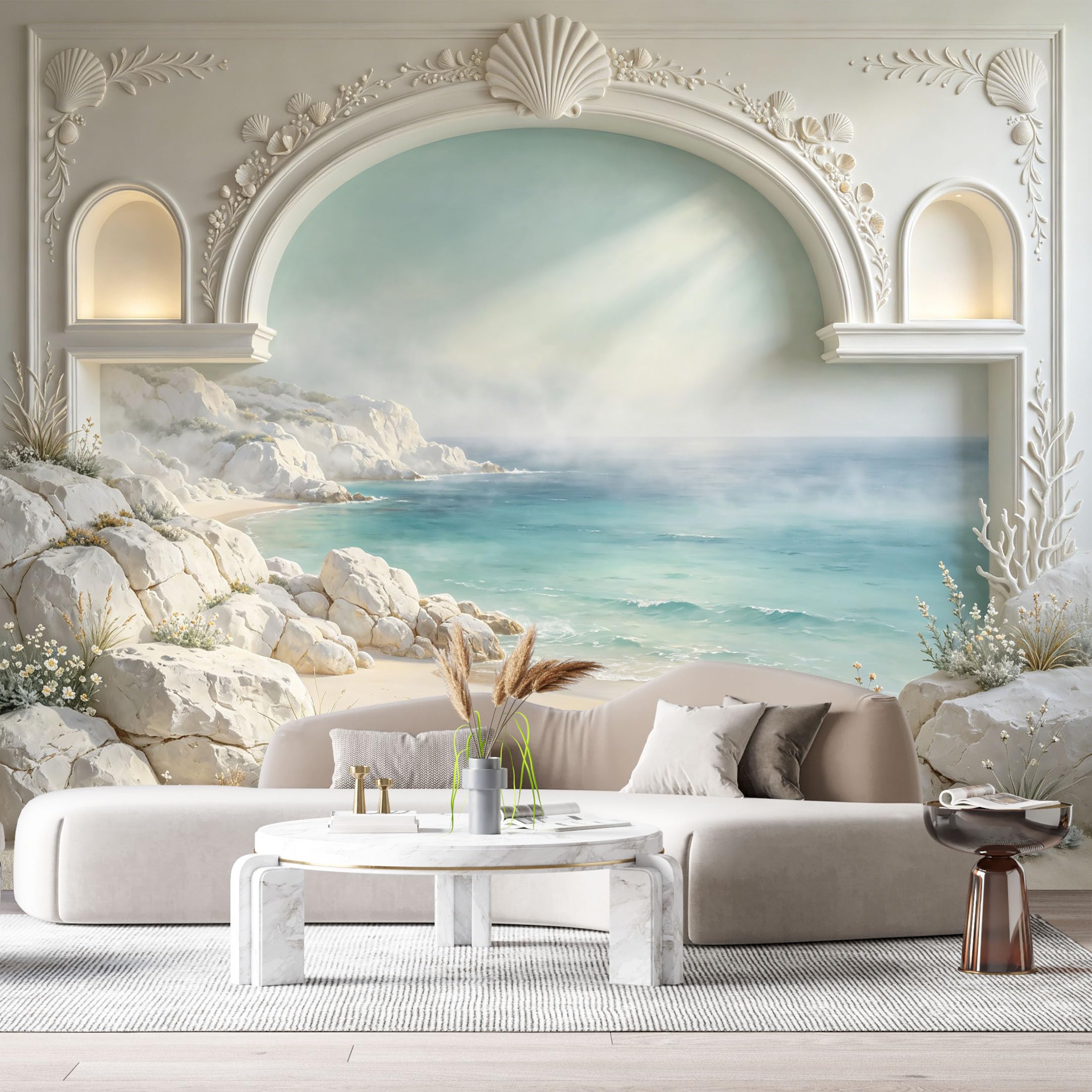 Custom Size Wall Murals Coastal Ocean Sea Archway 3D Trompe L'Oeil SelfAdhesiveWall Fabric Removable Wallpaper Wall Decor for Living Room Bedroom Bathroom