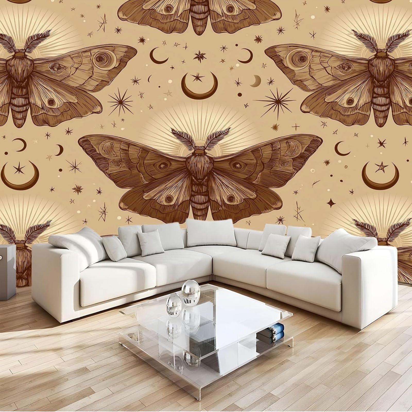 hgjdjhnf Photo Wallpaper Heavenly Pattern Moth Wallpaper Non-Woven wall Decoration Wallpaper Wall Covering Decoration Study Room Living Room Restaurant Cafe, Light Brown, 350cm x 256cm