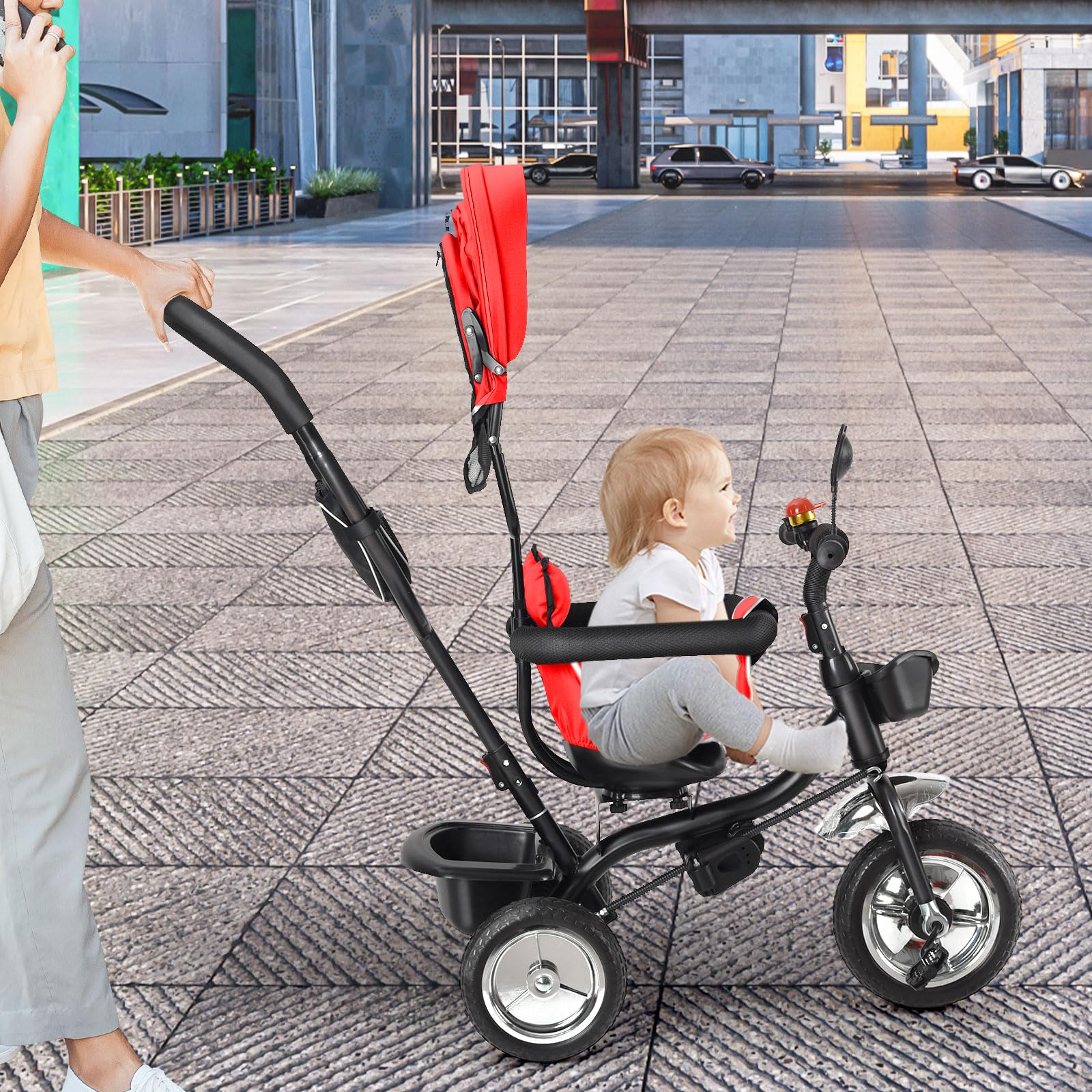 Tricycle avec Barre de poussée, pour Enfant dès 1 an, avec Barre coulissante, auvent, Repose-Pieds Amovible et siège réversible, pneus en Caoutchouc Anti-éclatement 4 en 1