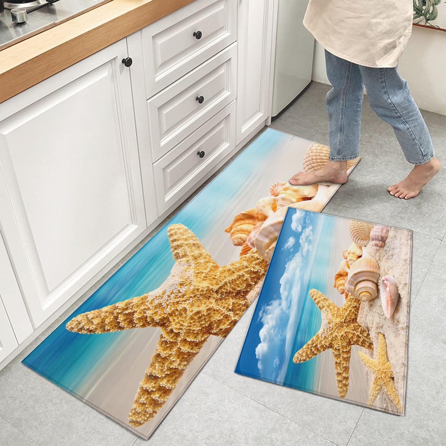 Kitchen Mats for Floor, Beach Themed Nautical Seashell, Starfish