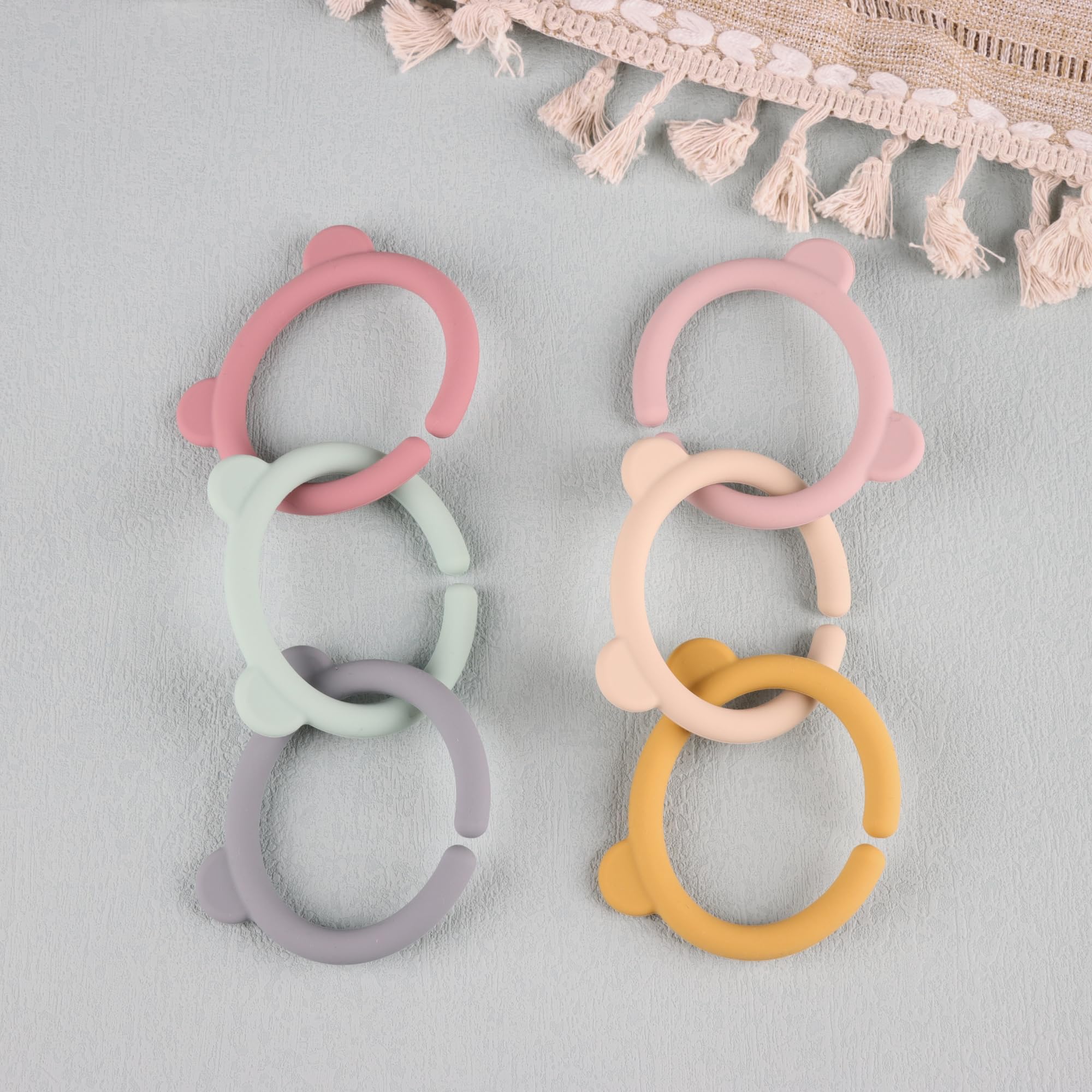 6 Packungen Baby-Beißringglieder, Silikon-Beißringglieder, zum Befestigen von Babyspielzeug an Kinderwagen oder Tragetasche