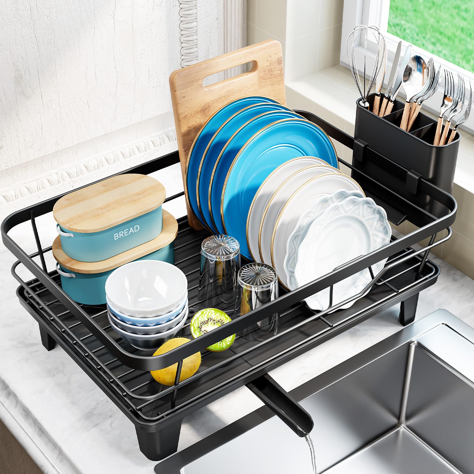 Urakify Égouttoir à vaisselle pour comptoir de cuisine, 41,9 cm (L) x 31 cm (l) - Noir | Grand égouttoir à vaisselle avec support à couverts, égouttoir pour assiette, vaisselle, argenterie, gain de place