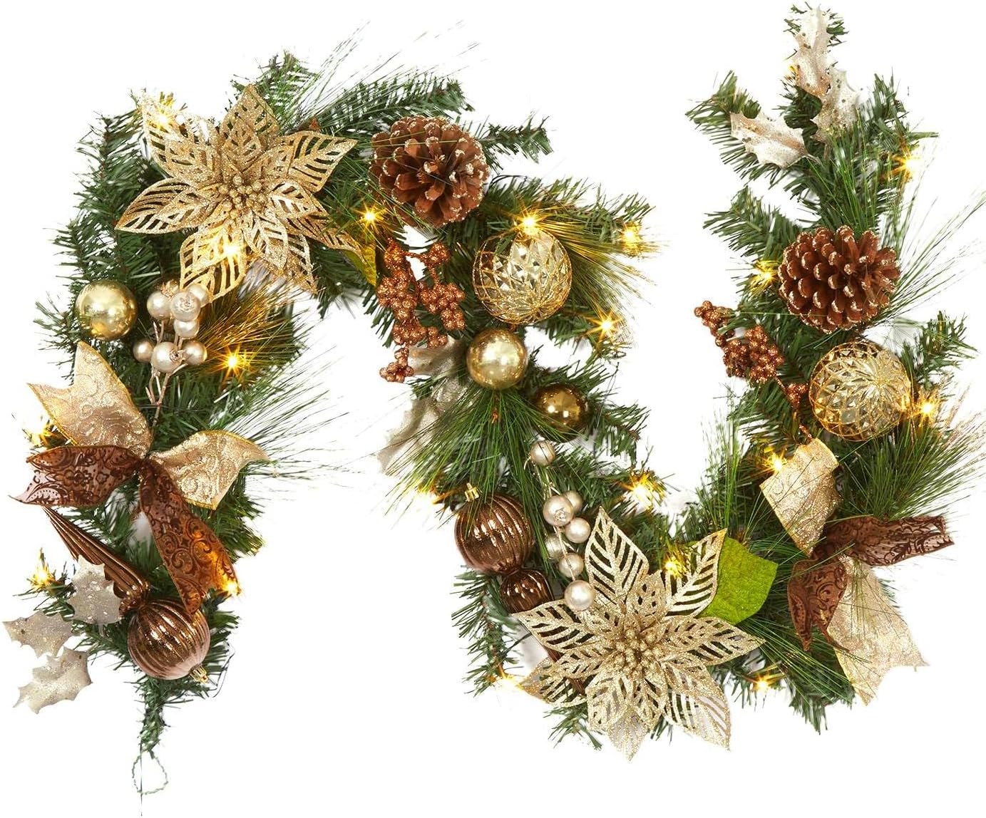 Adeeing 6ft Prelit Christmas Garland with 20 Lights, Xmas Fake Vines with Bows Christmas Balls Flowers Berries Greenery Christmas for Front Door Fireplace Mantel Porch Holiday Decorations