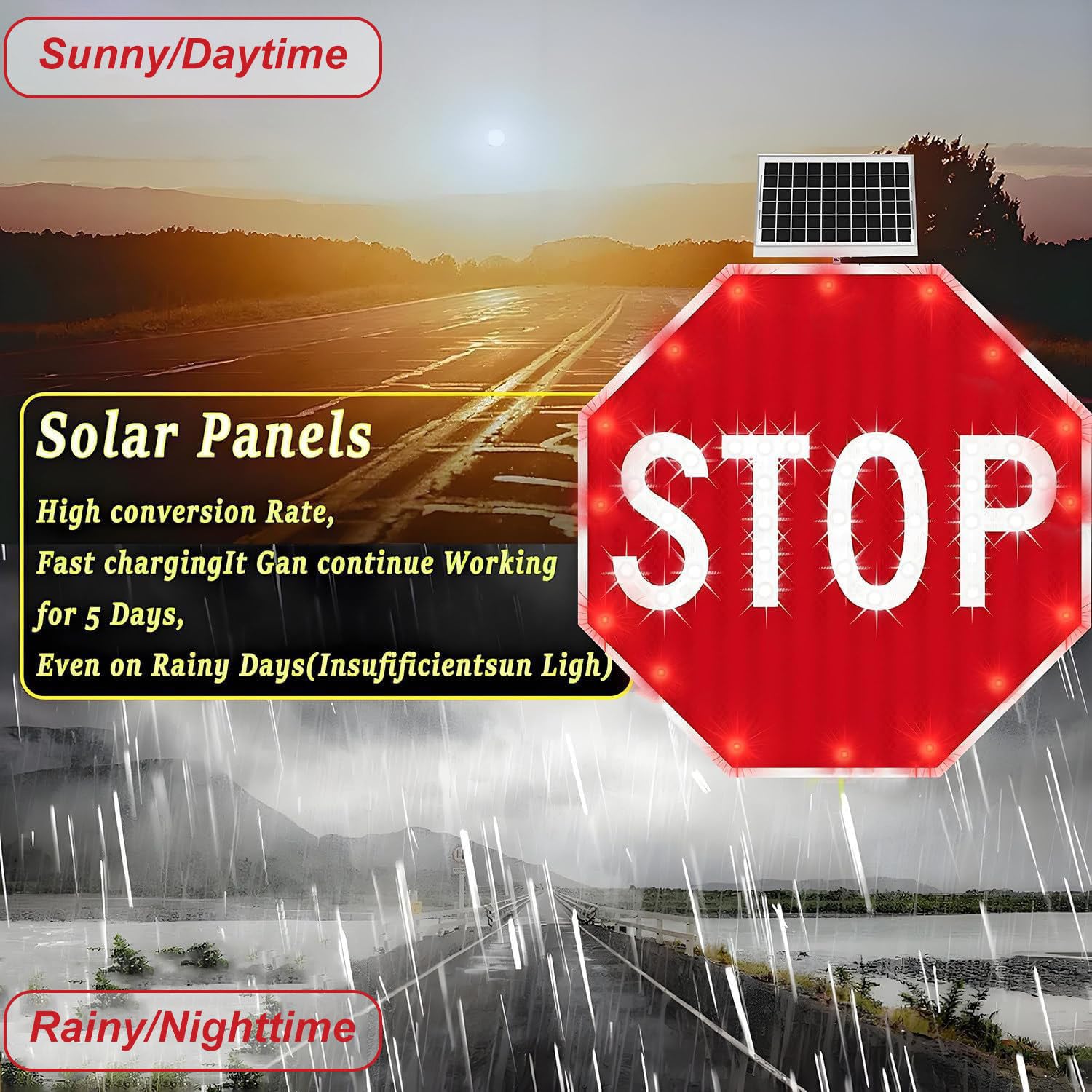 Señales de tráfico solares Intermitentes, señal de tráfico Octagonal de Aluminio, con película Reflectante de Grado Industrial, señal de Stop LED Intermitente con energía Solar 32IN-2