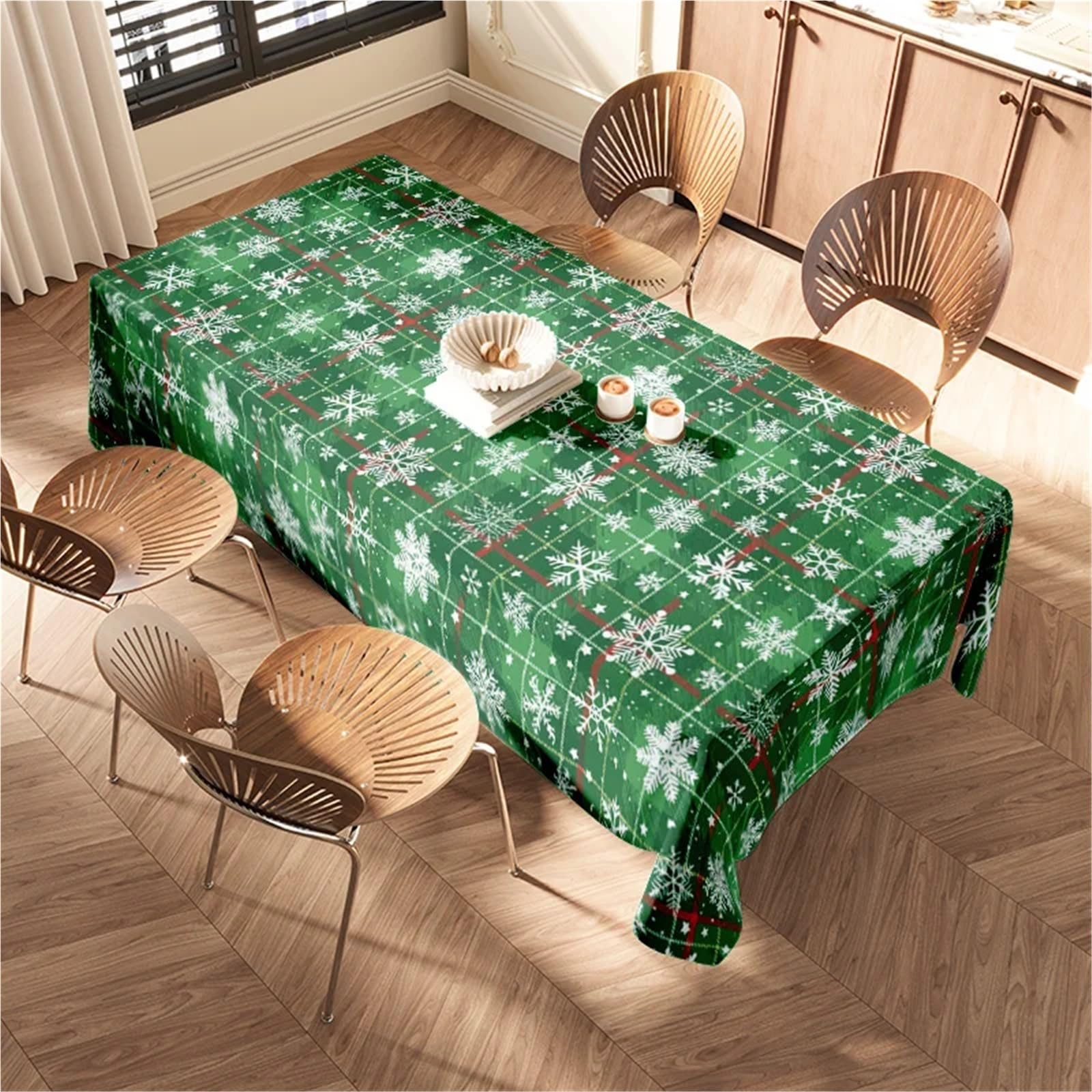 Waterproof Tablecloth Festive Green Snowflakes Holiday Dinner Party Decor Table Cover Winter Tableclot para Comedor(140X180CM)