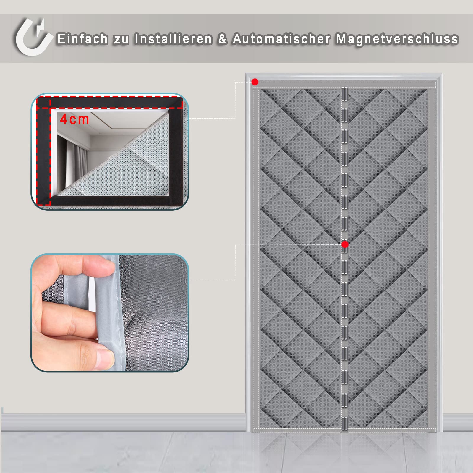 Wärmeschutzvorhang Magnet 85x180cm， Magnet Wärmeschutzvorhang für Türen Winddicht Und Warm, Schalldicht für Türen Kälteschutz Thermo, Grau