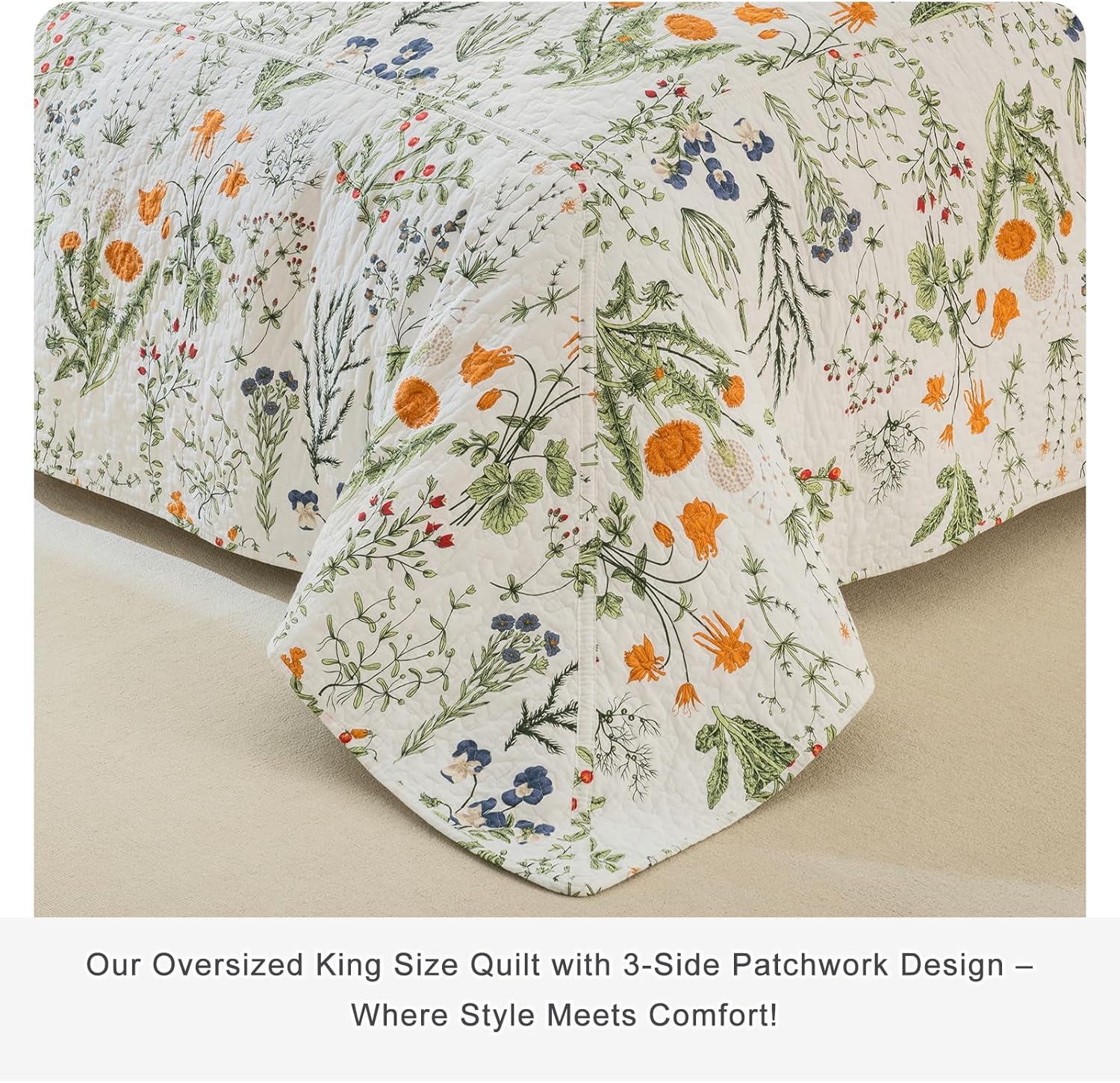 Sanracie Oversized King Quilt 120"x120",100% Cotton Floral Bedspreads California King Extra Large Yellow Flowers Green Plant Pattern Printed Floral Bedding Coverlet Lightweight 3Pcs for All Season - Image 9