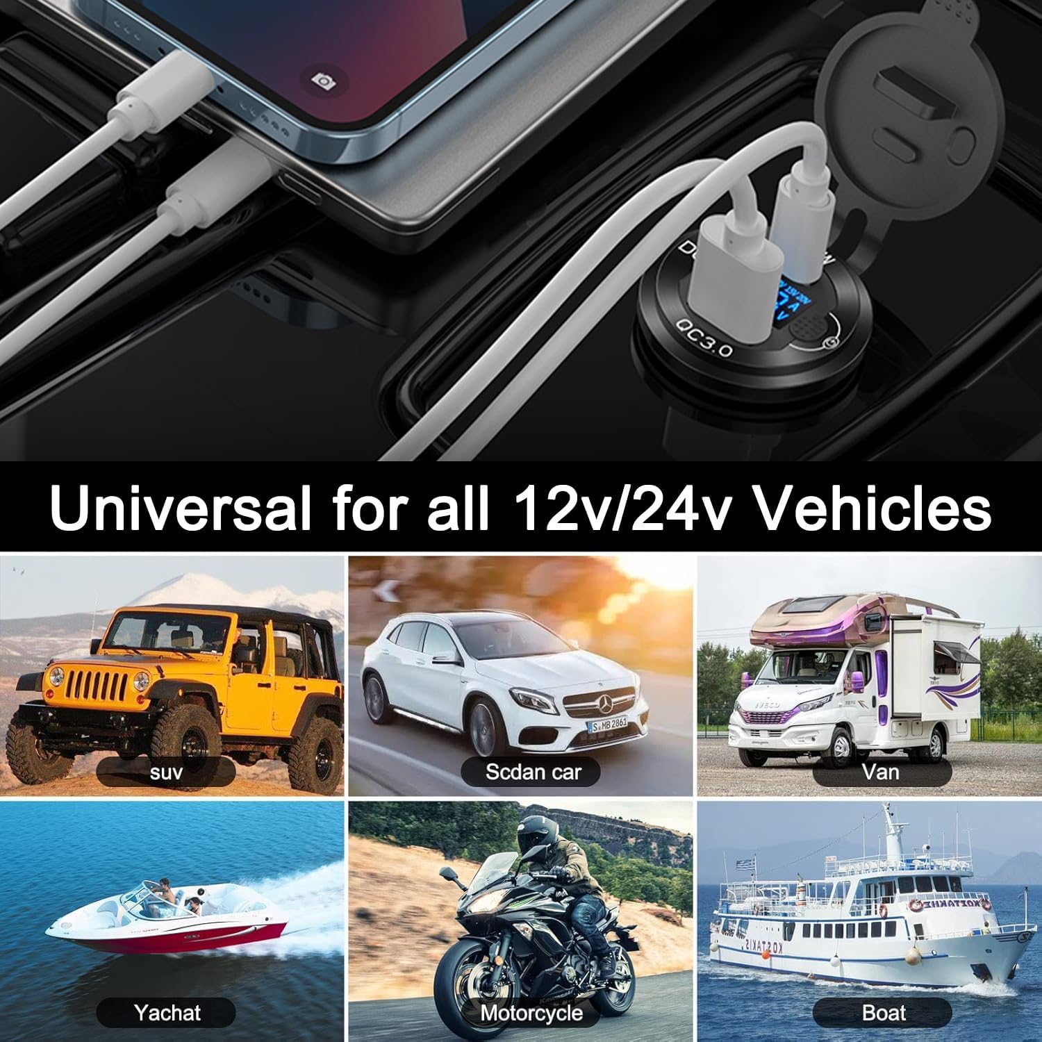 Upgrade Aluminum12V USB Outlet,65W PD and Quick Charge 3.0 Multi USB Port for Car,Waterproof Cigarette Lighter Replacement Socket with Voltmeter and Switch for Motorcycle RV Marine Golf (Pack of 2)