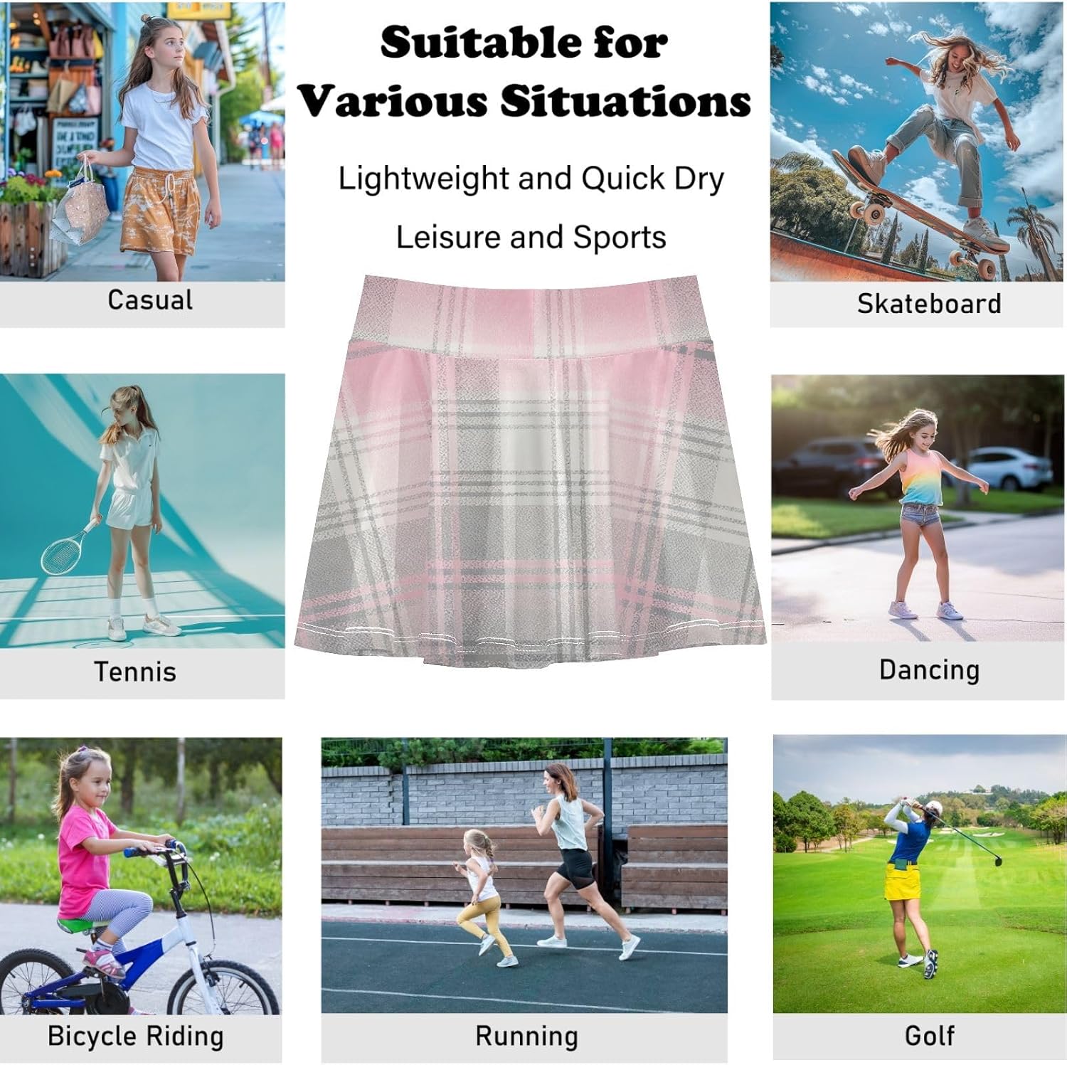visesunny Pink Gray Faux Plaid Girl's Golf Skirt Athletic Tennis Skort Sport Activewear with Double Layer Pockets