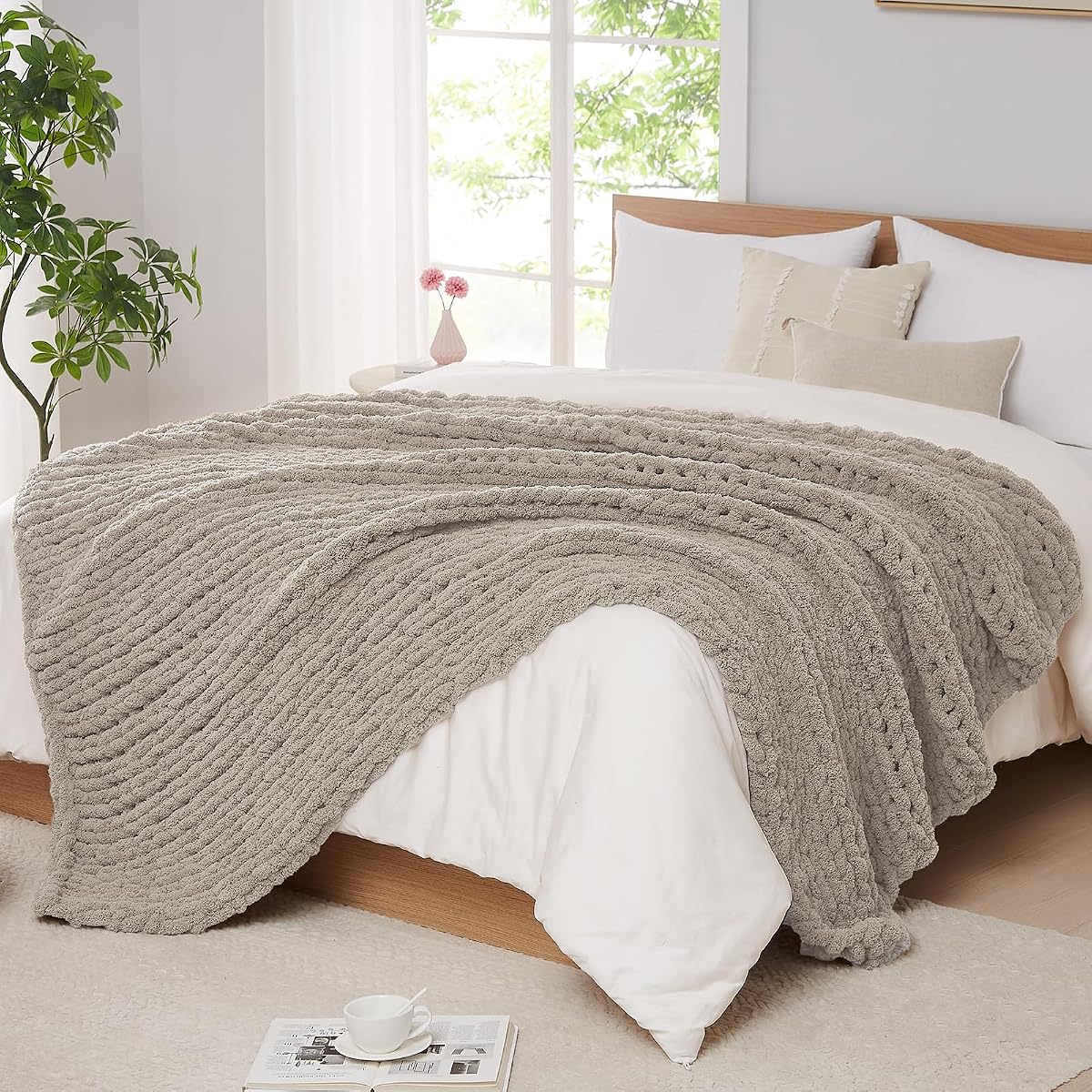 Hand-Knit Merino Wool Textured Knit Pillow Cover with Natural Wood Buttons