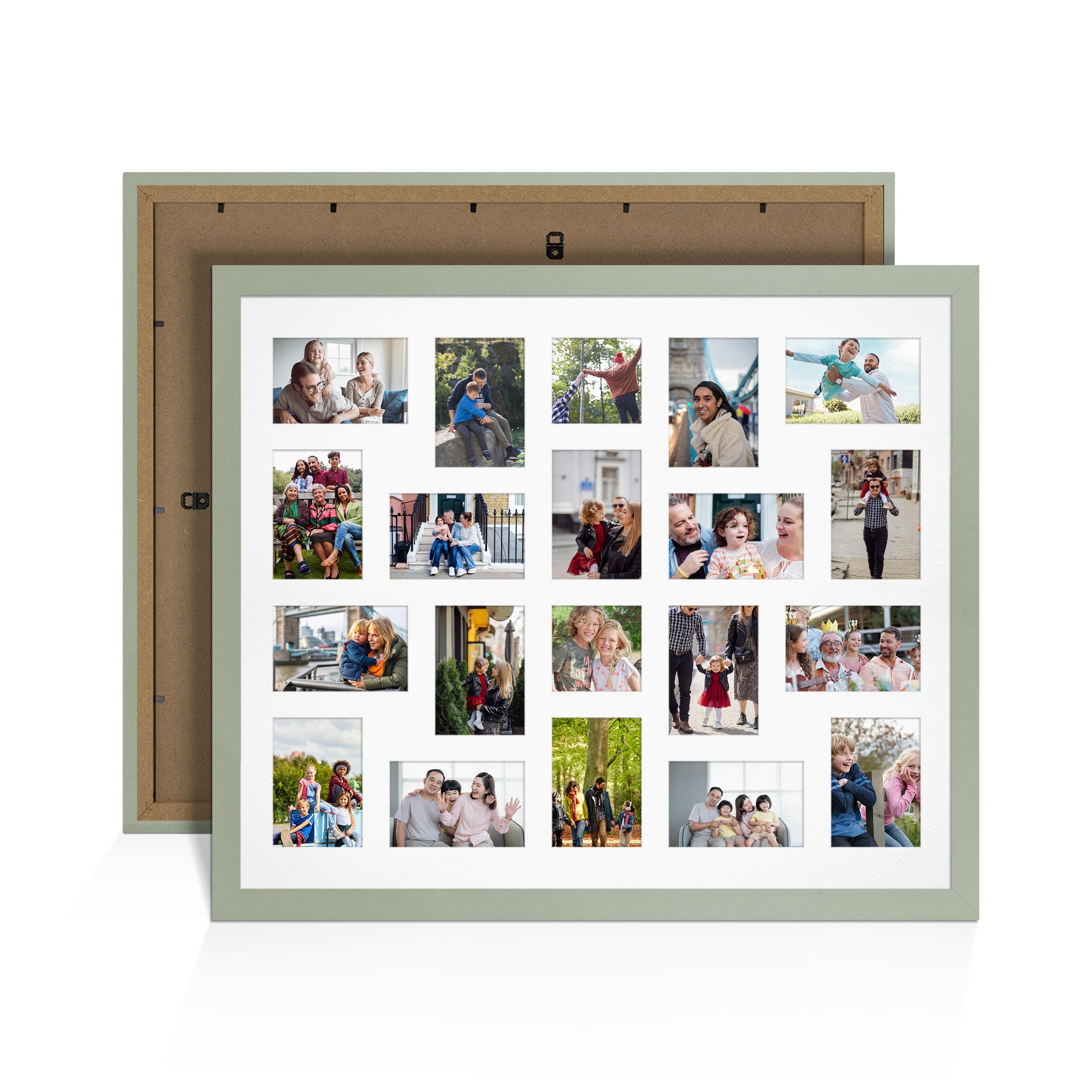 Alison Kingsgate Green 80x70cm Photo frames for multiple pictures - 20 Apertures Collage Frame with White Mount- Holds (18x) 6x4 & (2x) 4x4 Photos - Engineered Wood & Perspex