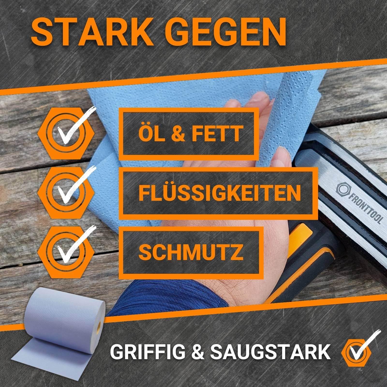 FRONTTOOL Putzrolle Werkstatt 3-lagig | 2 Rollen + Metallständer | 500 Abrisse | Zellulose Putztuch für Werkstatt & Garage | Saugfähig bei Öl & Fett | Inklusive Metallständer mit Schiene