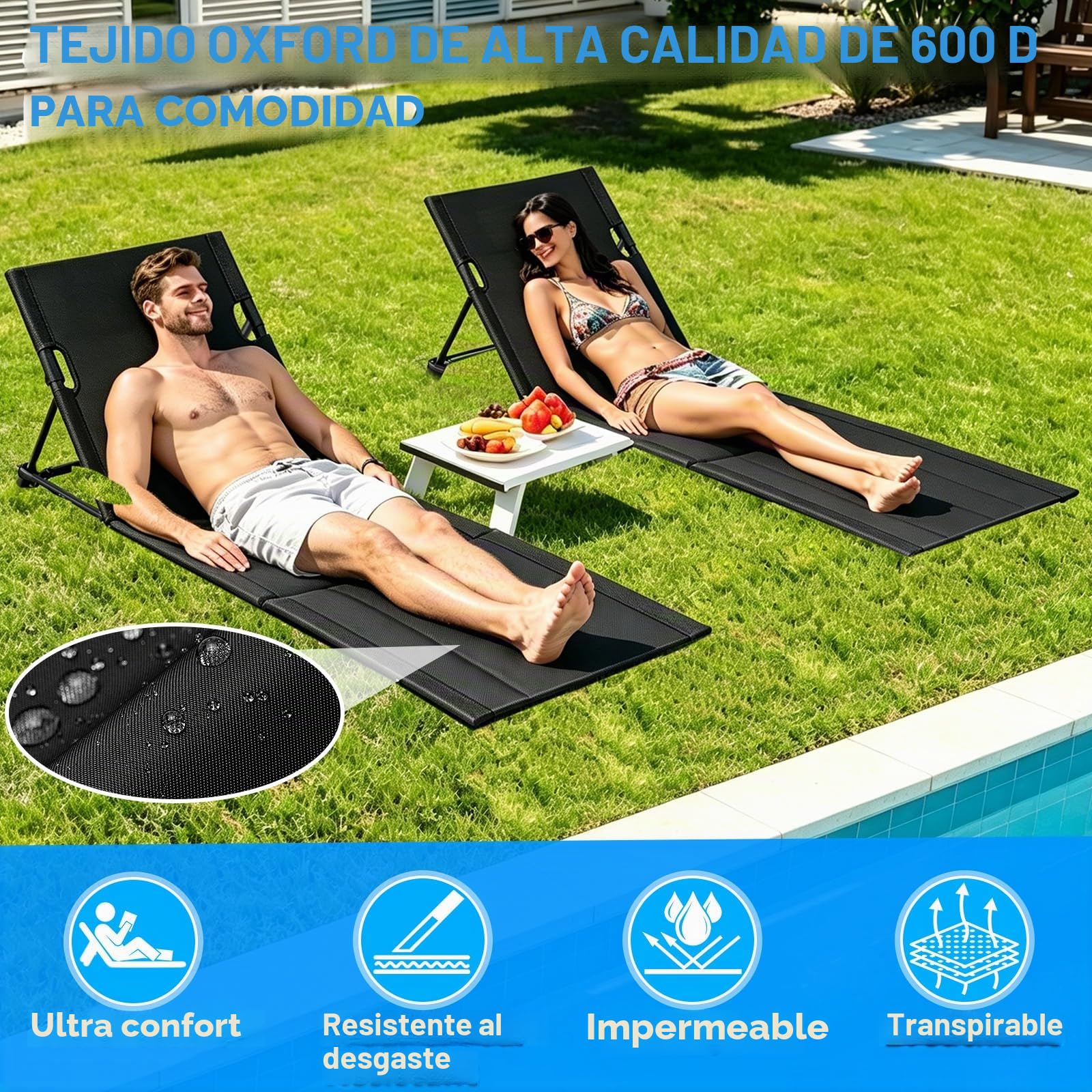 Esterillas de Playa Plegables con Respaldo, Colchoneta de Playa Plegable, Tejido Oxford Impermeable 600D, Tumbona Playa Portátil para Piscina, Jardín y Camping