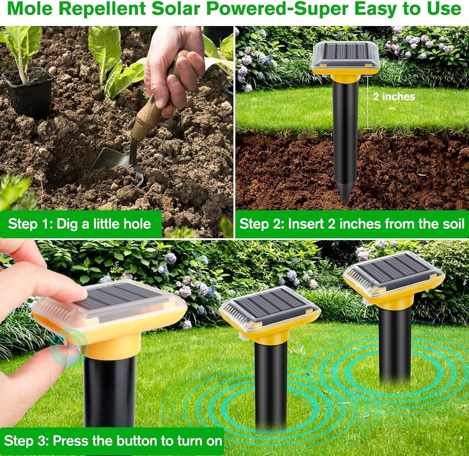 Repellente per talpe ad ultrasuoni per esterni, alimentato a energia solare, per prato, cortile e giardino, trappole per talpe, respinge efficacemente la marmotta di serpenti e arvicole, giallo