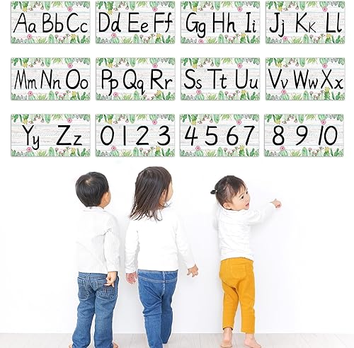 Miniatura 6 de gisgfim Juego de 12 tiras de tablón de anuncios del alfabeto, diseño de cactus con línea del alfabeto ABC y borde numérico, plantas de cactus para