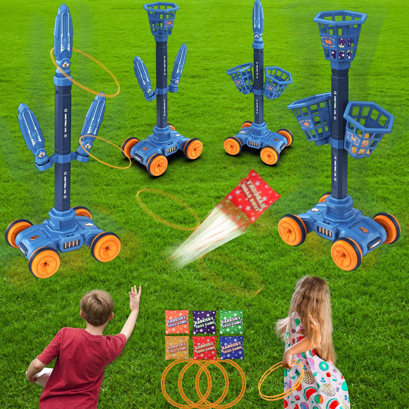 ORCHID M® 2-in-1 Bean Bag & Ring Toss Game for Kids Ages 4-8-12 - Adjustable Moving Baskets Targets Fun Family Games for Kids and Adults Ideal Gifts for Boys Girl Outdoor Backyard Yard Game