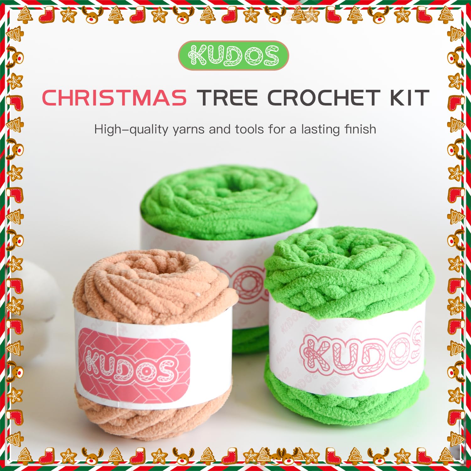 KUDOS Kit de ganchillo con todos los materiales, juego de ganchillo de árbol de Navidad para principiantes, kit de manualidades navideñas con hilo, gancho, cuentas e instrucciones (idioma español no