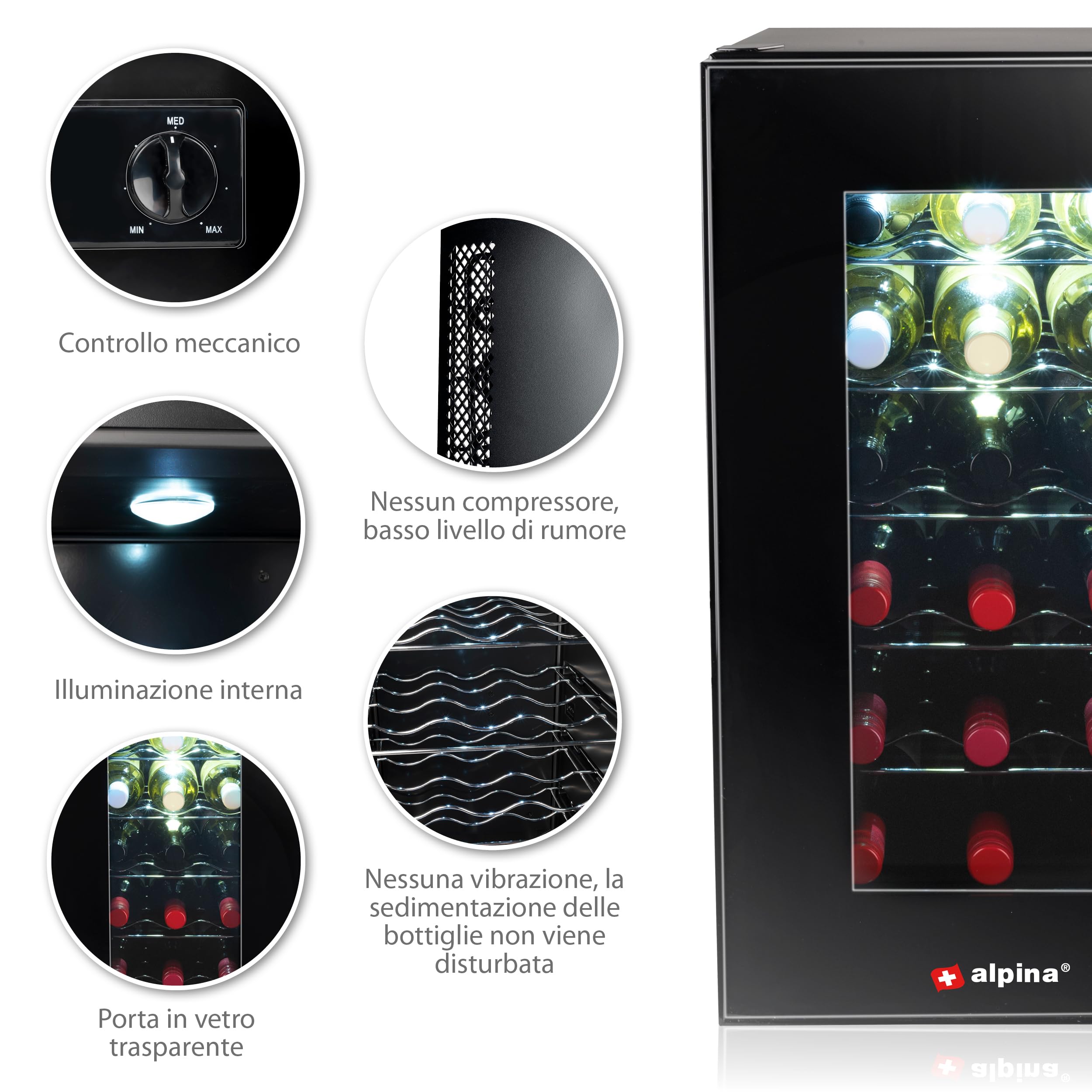 Alpina Frigorifero per vino – 230 V – 18 bottiglie/50 l – temperatura regolabile da 11 °C a 22 °C – Porta in vetro e illuminazione interna – silenzioso – nero