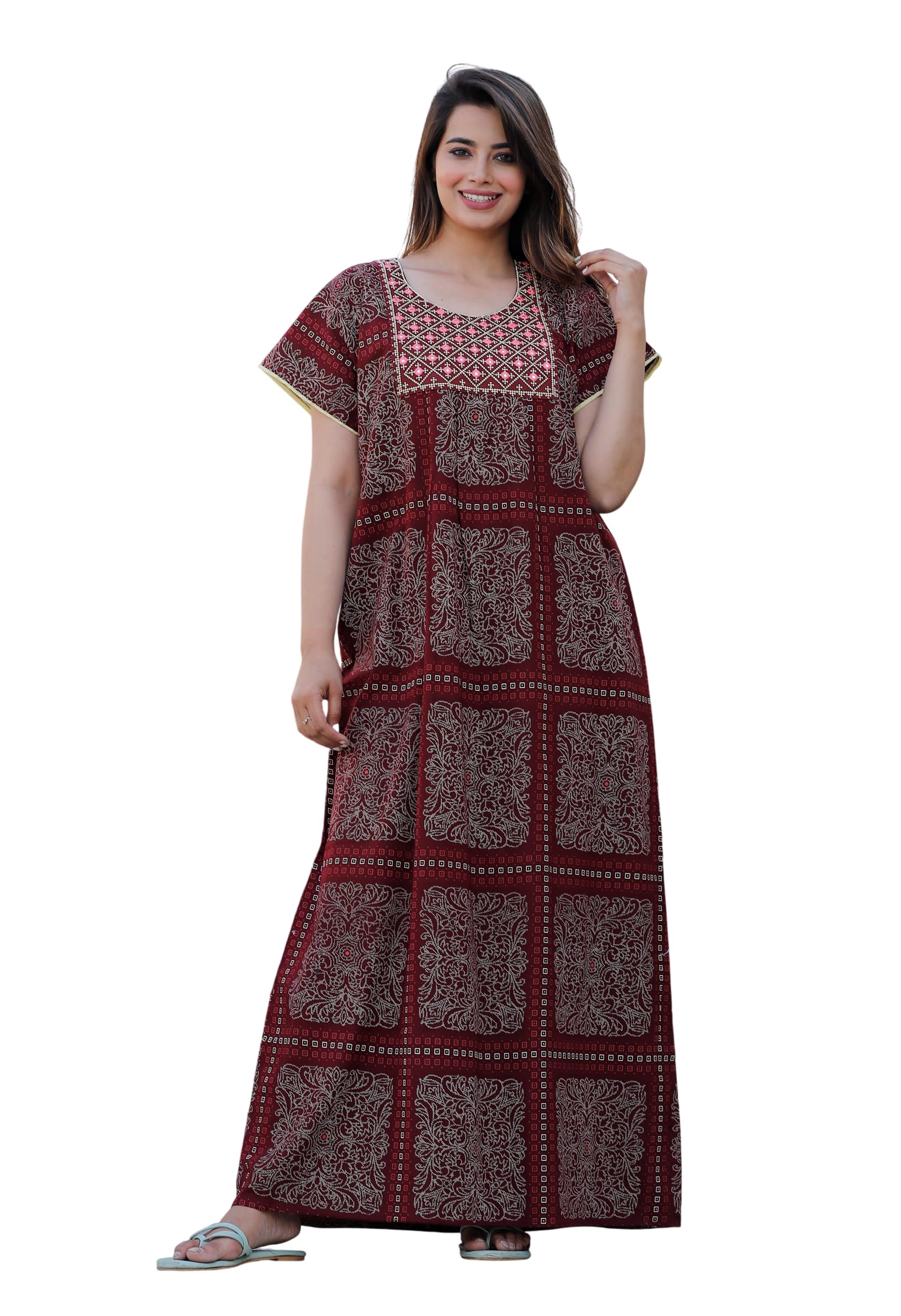 Pure Cotton Embroidery Nighty for Women, Jaipuri Night Gown, Maxi Sleepwear Nightdress-picture-38