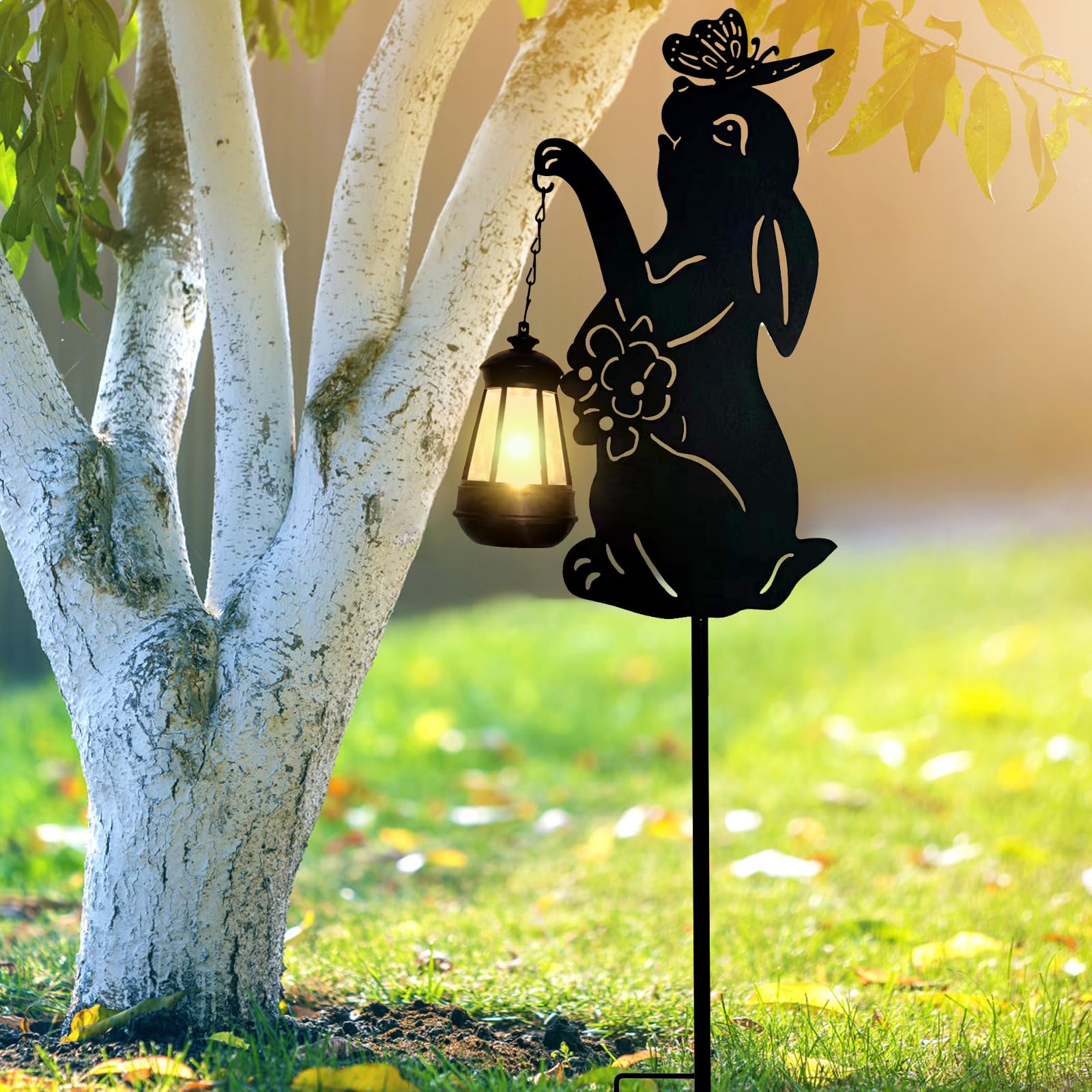Yourongmao Solar Rabbit Garden Stakes Outdoor Solar Decor Metal Rabbit Holding Solar Lantern Decorative Garden Metal Flower Stakes Outdoor Rabbit Silhouette Stakes