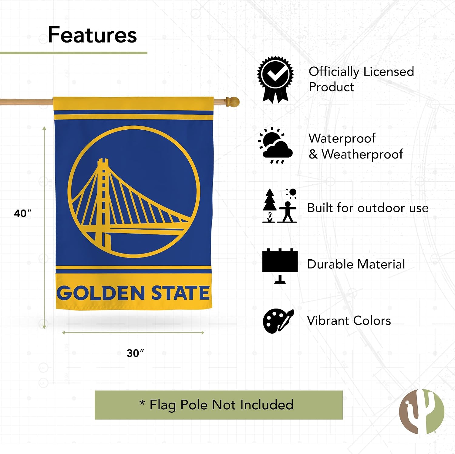 Desert Cactus Golden State Warriors NBA Team Banner Flag - 40 x 30 inch Double-Sided 3-Ply Banner for Indoor/Outdoor Use, Durable NBA Spirit (House Flag A)