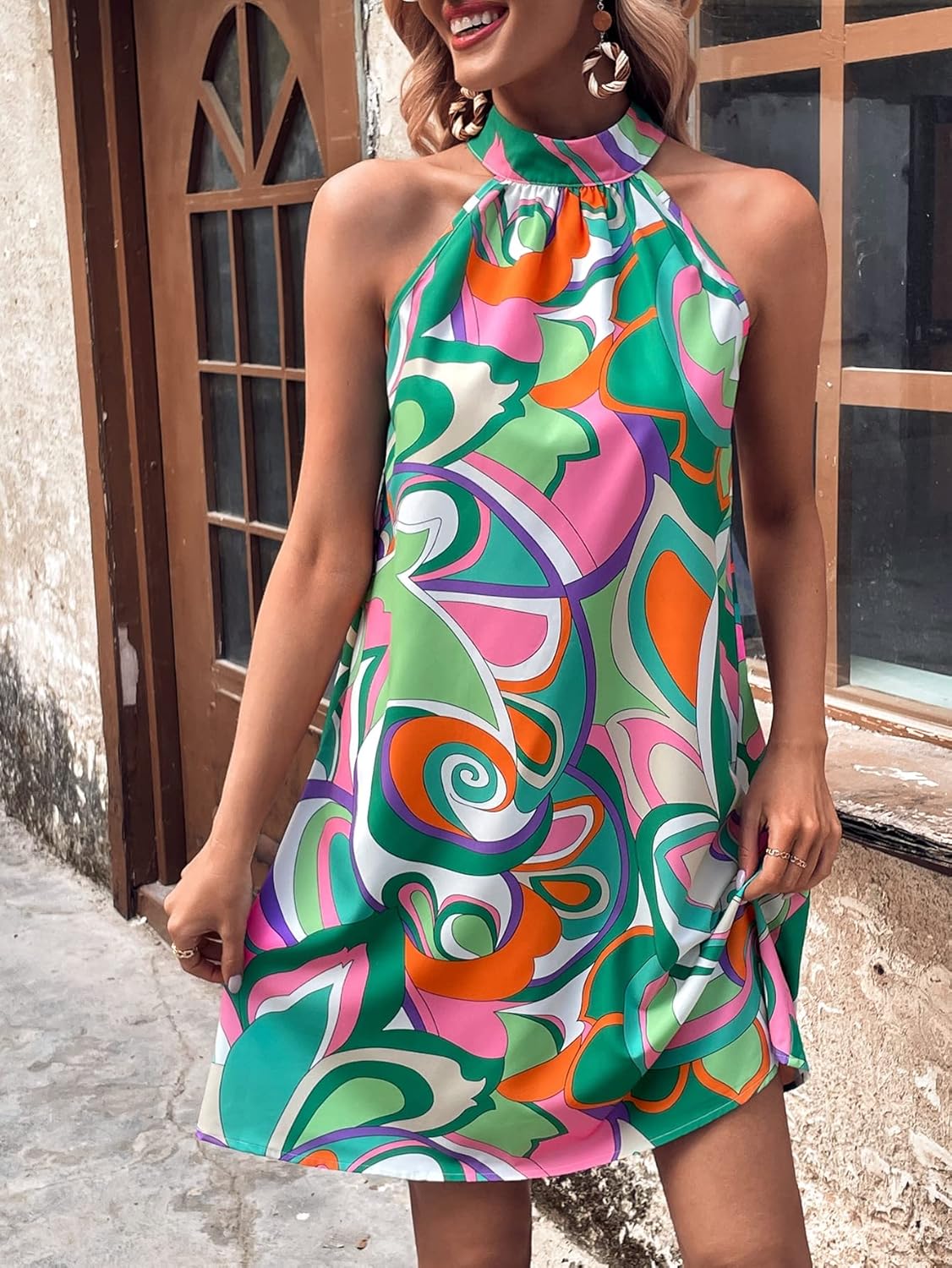 SOLY HUX Women's Allover Print Halter Sleeveless Tunic Short Dress Summer Dresses Green Tie Back Medium-1 - Image 4