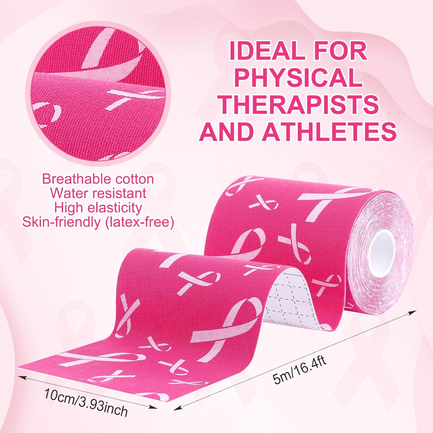 Geiserailie Breast Cancer Awareness Football Turf Tape 65.6ft Long 4 Inch Wide Pink Ribbon Muscle Support Adhesive Sport Athletic Tape Pink Out Football Game Accessories for Pain Relief(4 Roll)