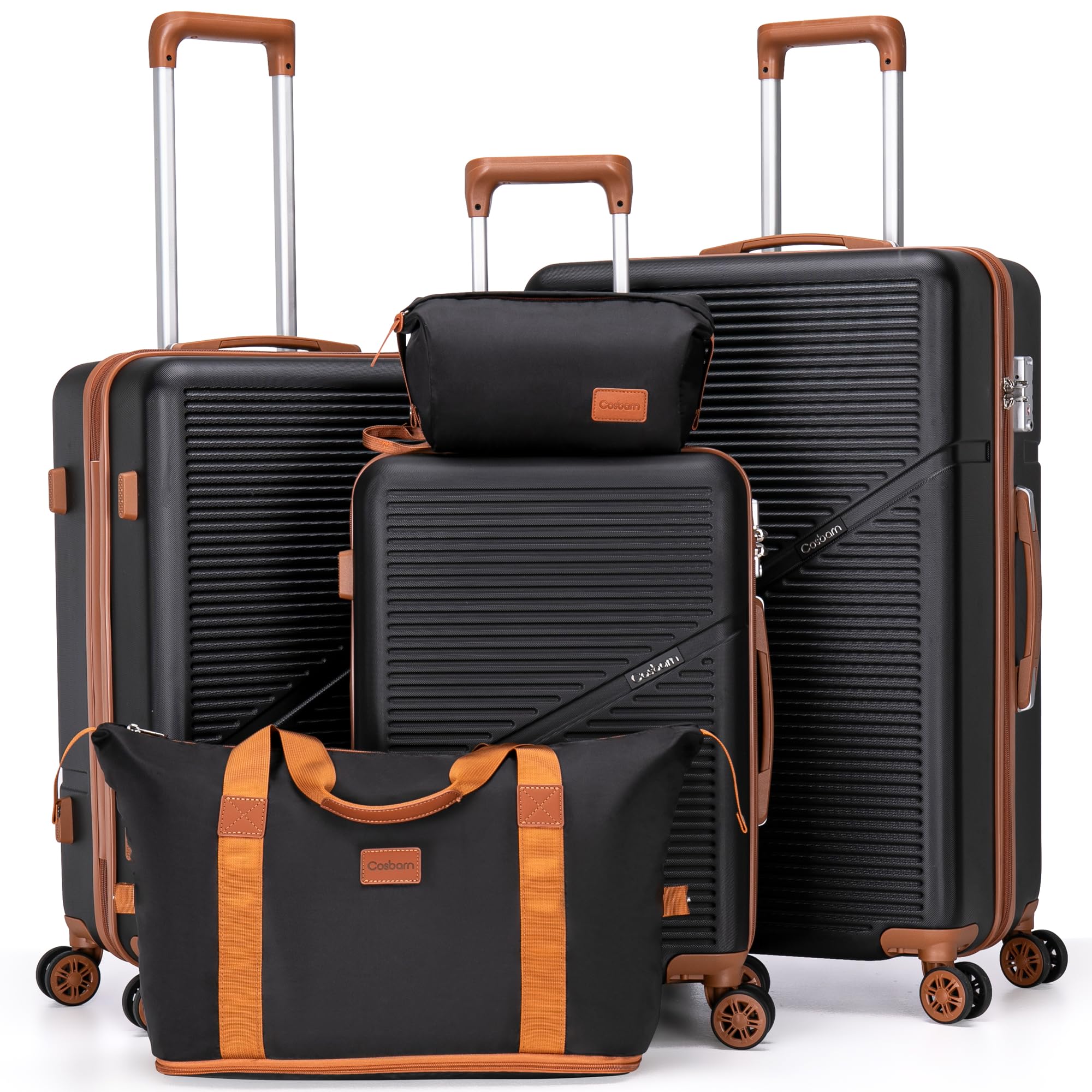 Cosbarn Luggage Sets 5 Piece Suitcases with Wheels, Suitcase Set ABS Hard Case Luggage with TSA Lock Spinner Wheels Durable Travel Luggage(Black, 5-Piece Set(20"/24"/28"))